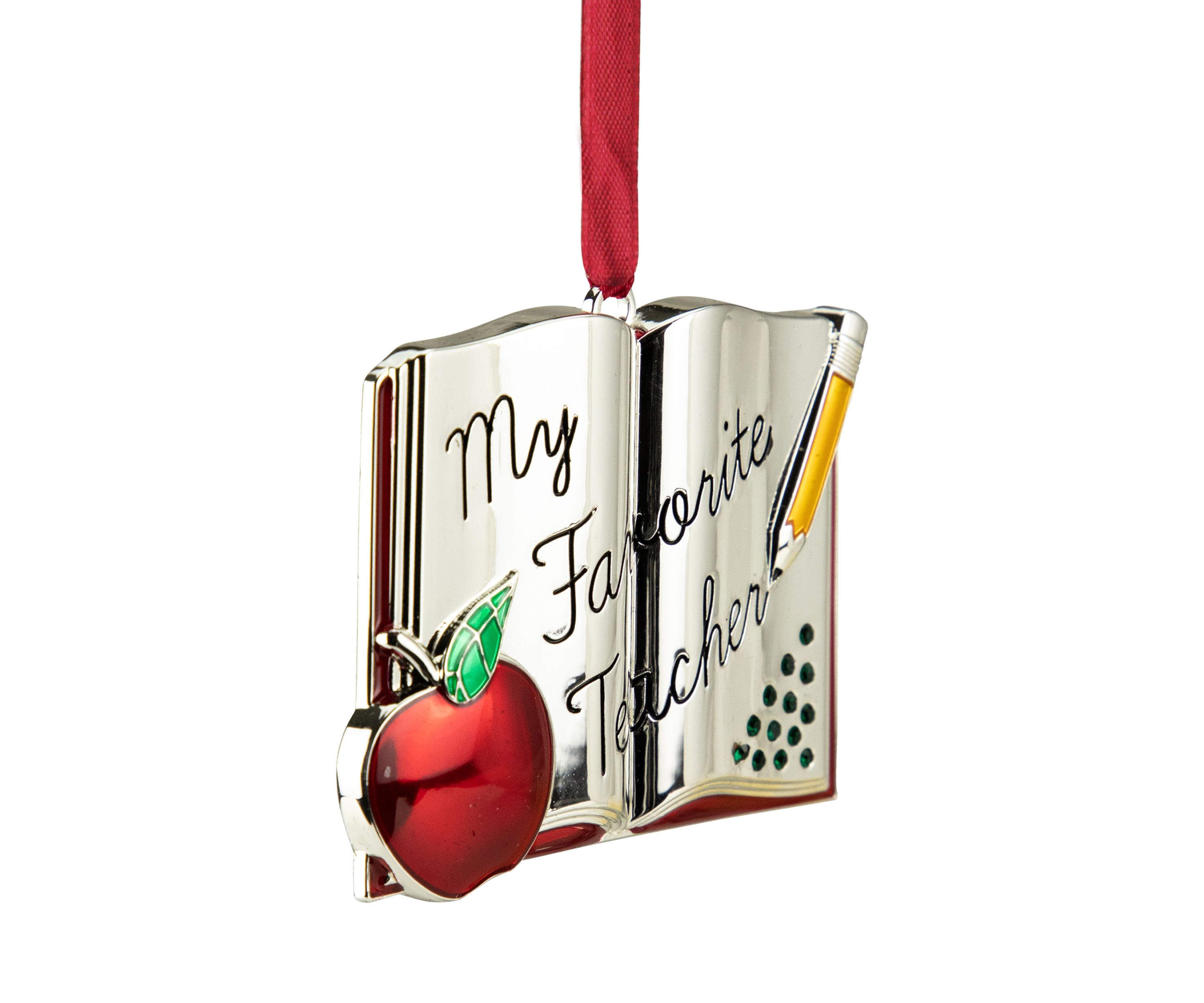 3.25Inch Red and Silver-Plated Teacher Christmas Ornament with European Crystals