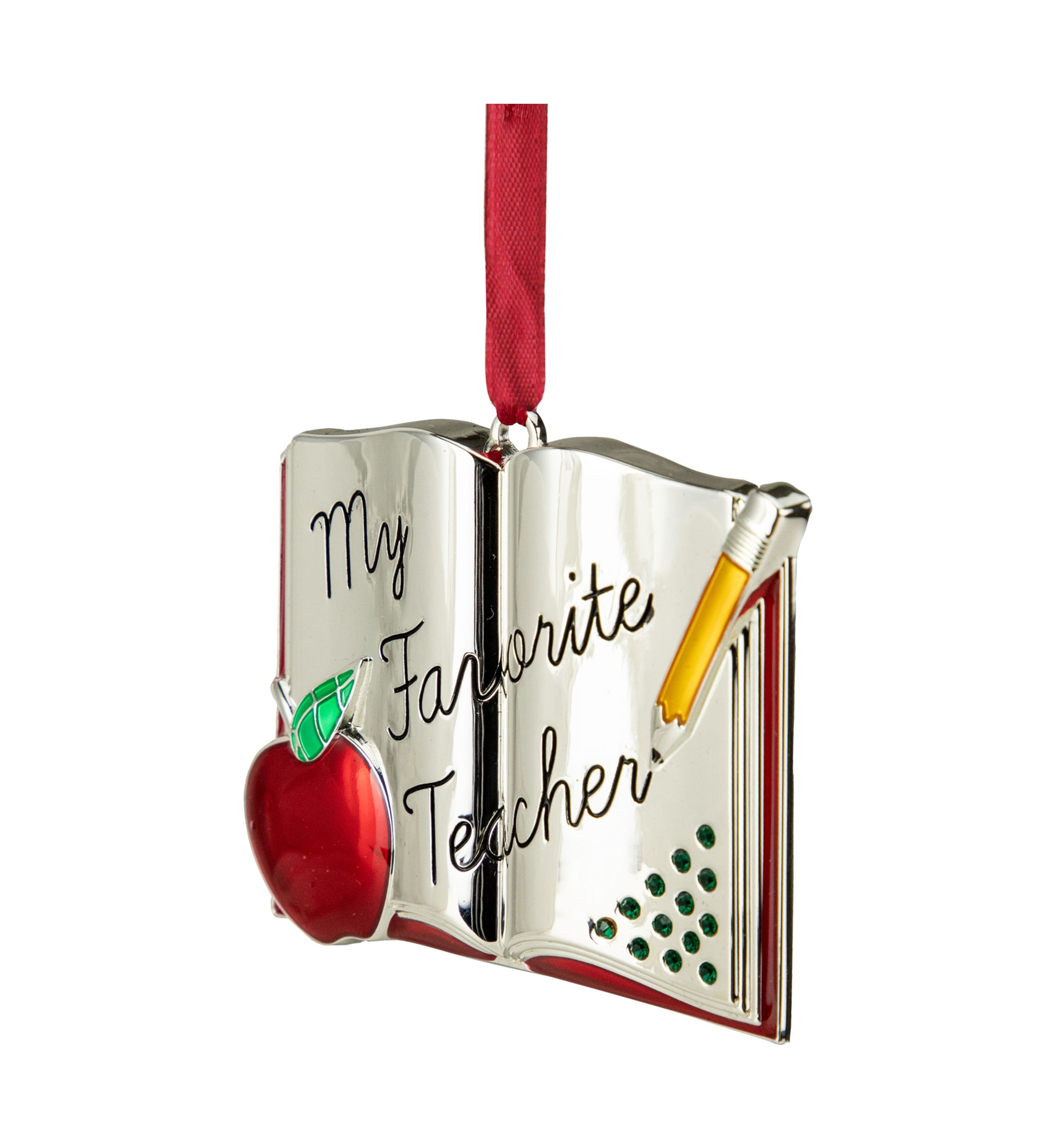 3.25Inch Red and Silver-Plated Teacher Christmas Ornament with European Crystals