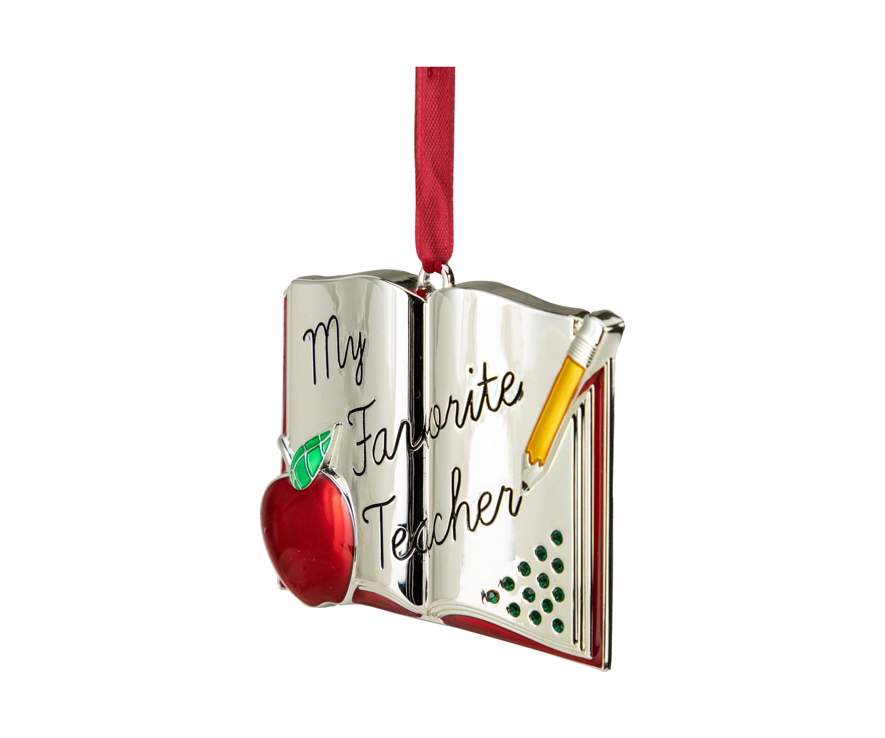 3.25Inch Red and Silver-Plated Teacher Christmas Ornament with European Crystals