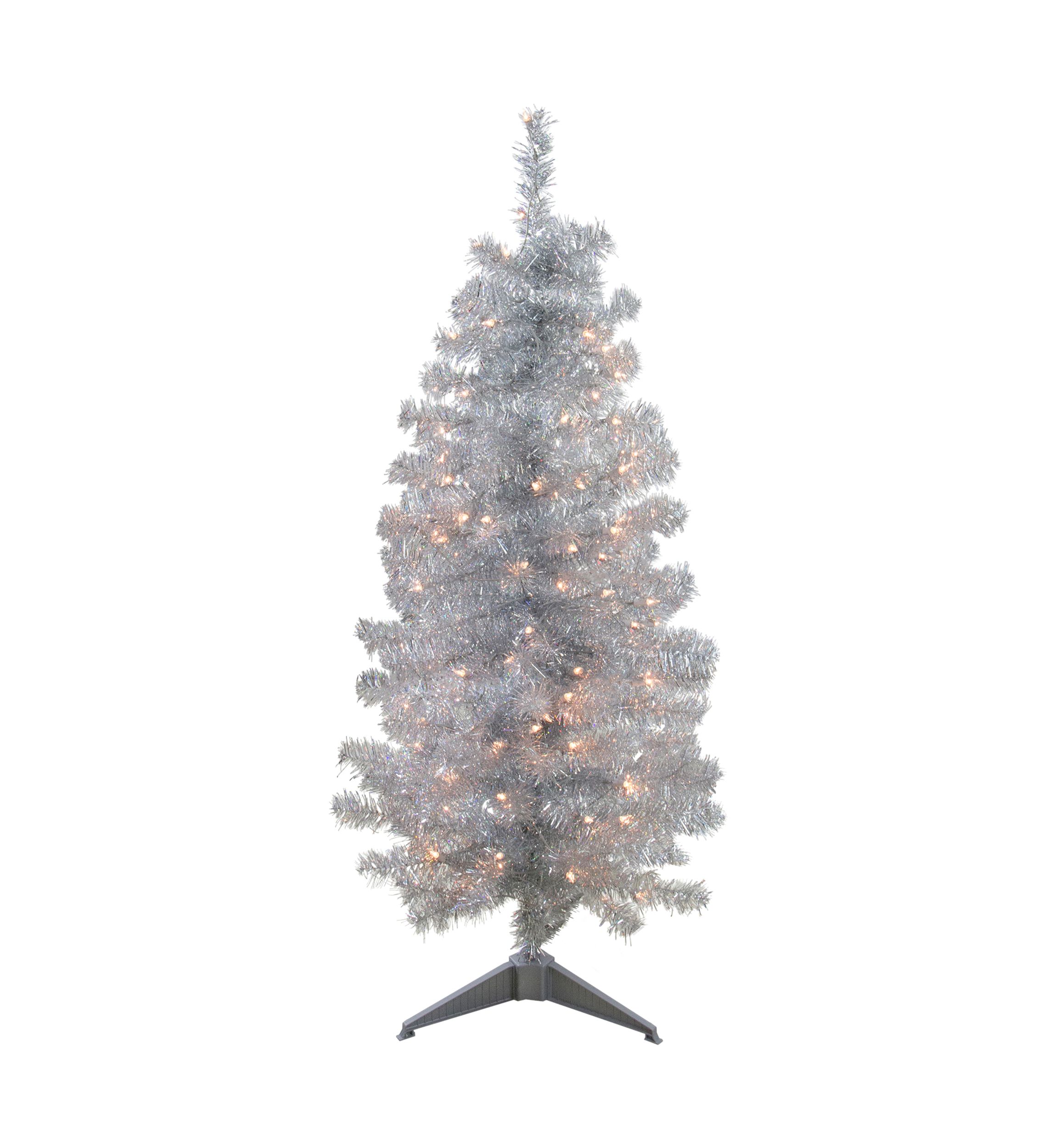 4 x 22Inch Pre-Lit Slim Silver Artificial Tinsel Christmas Tree - Clear Lights