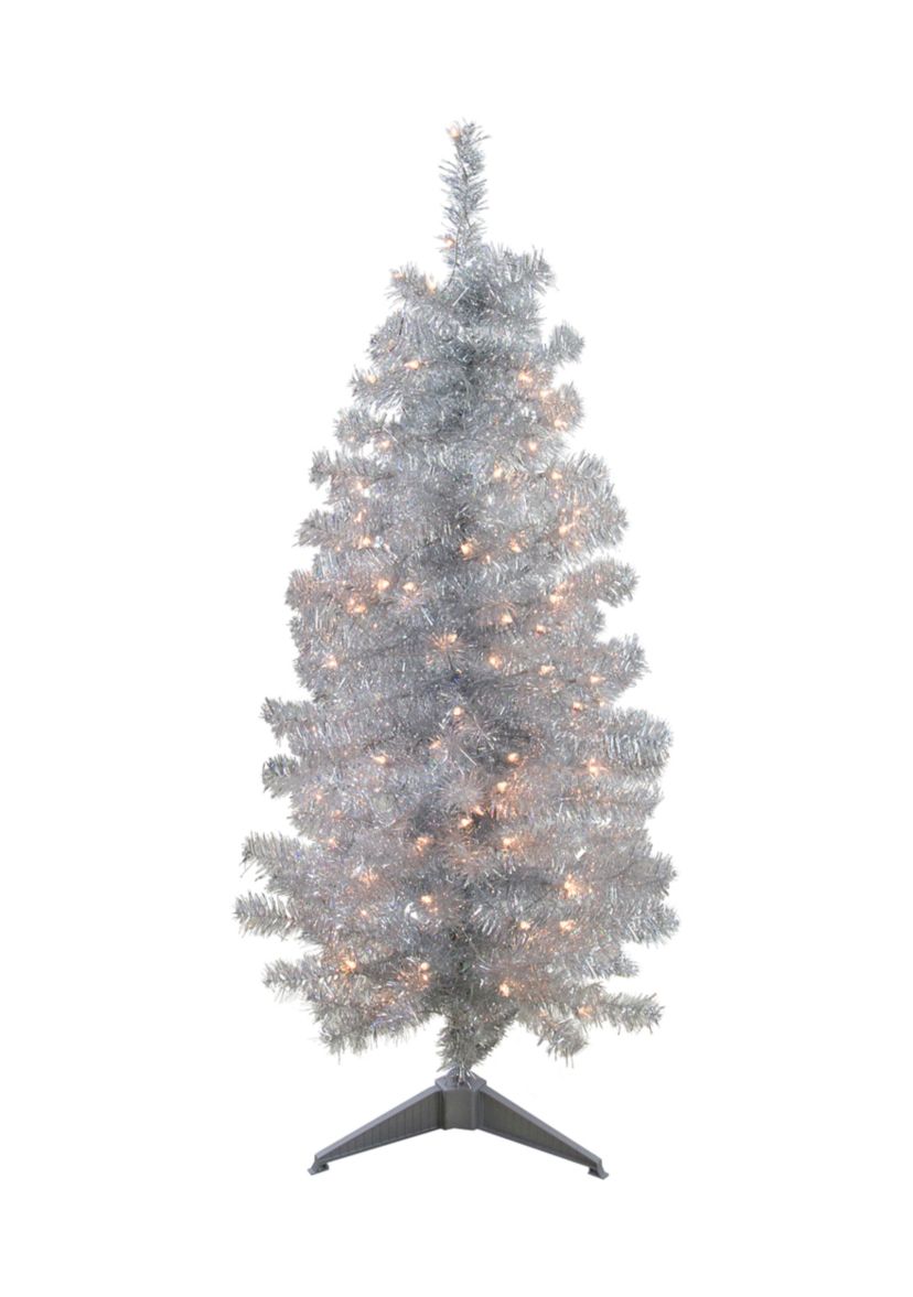 4 x 22Inch Pre-Lit Slim Silver Artificial Tinsel Christmas Tree - Clear Lights