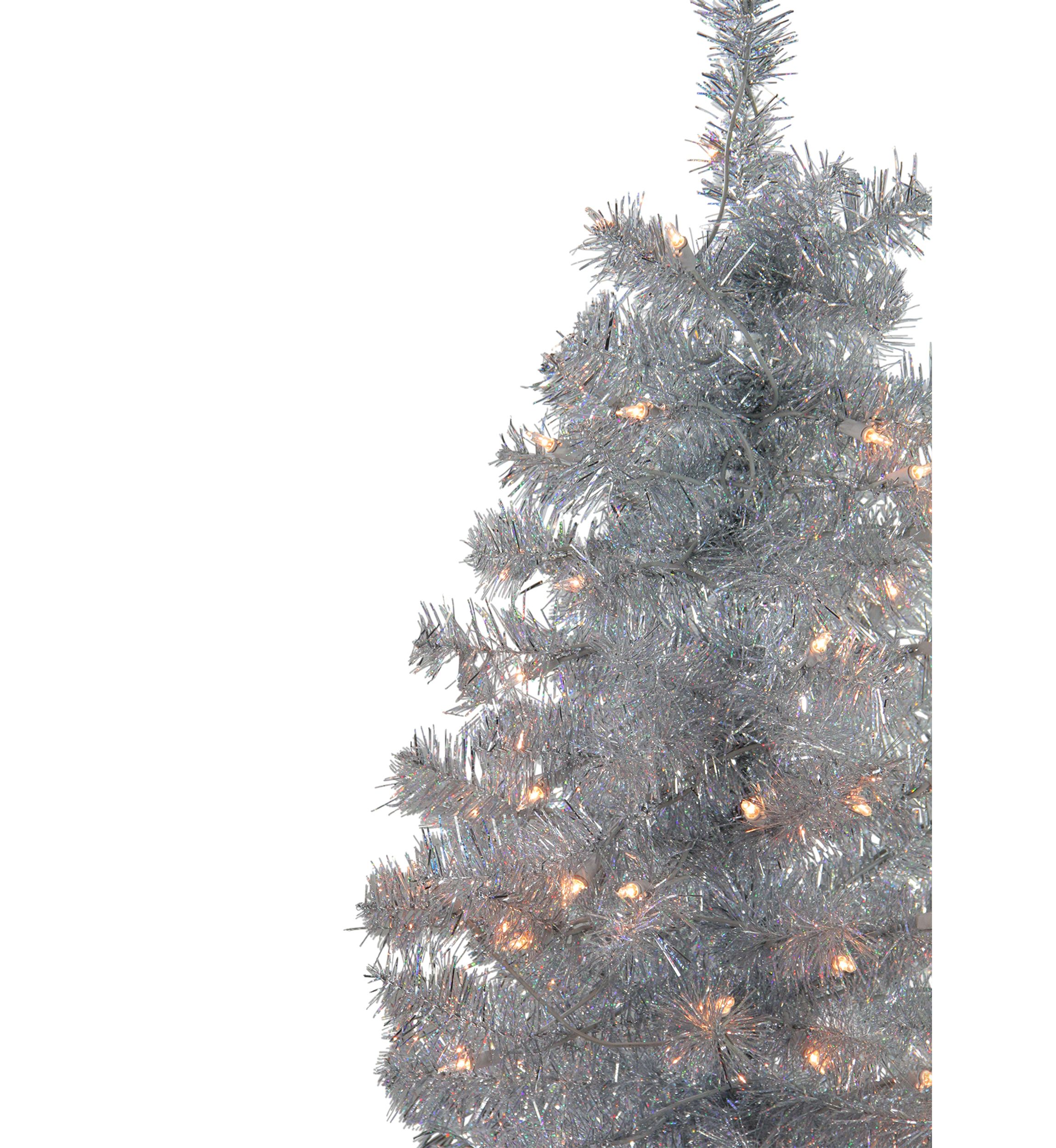 4 x 22Inch Pre-Lit Slim Silver Artificial Tinsel Christmas Tree - Clear Lights