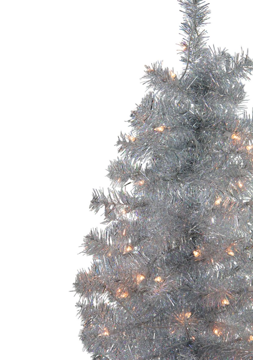 4 x 22Inch Pre-Lit Slim Silver Artificial Tinsel Christmas Tree - Clear Lights