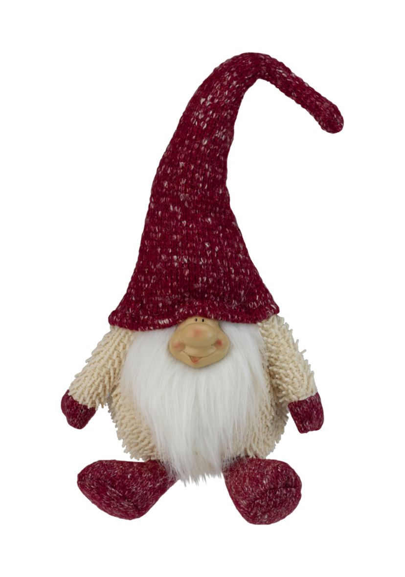 17" Ivory and Red Chubby Smiling Gnome Plush Tabletop Christmas Decoration