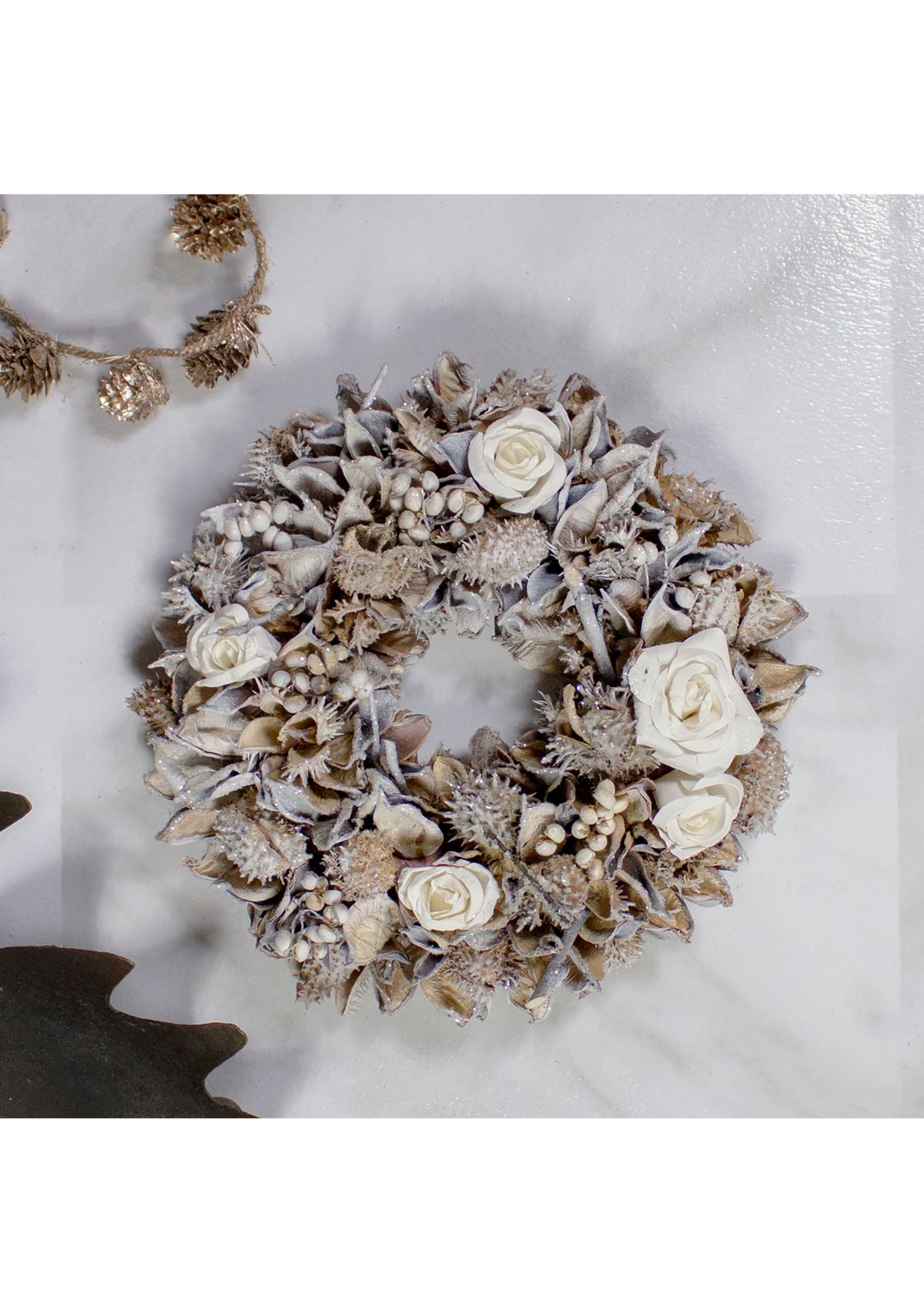 Glittered Rose and Winter Botanicals Artificial Christmas Wreath  9.5-Inch  Unlit