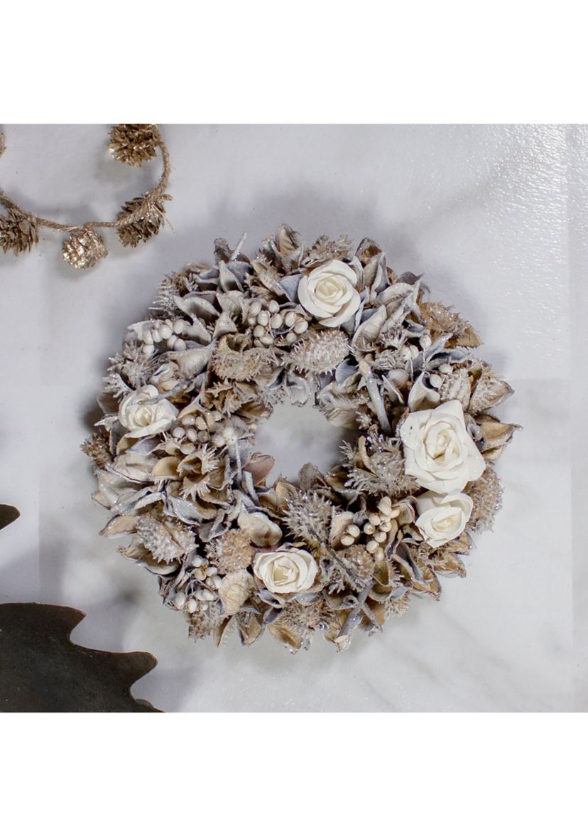 Glittered Rose and Winter Botanicals Artificial Christmas Wreath  9.5-Inch  Unlit