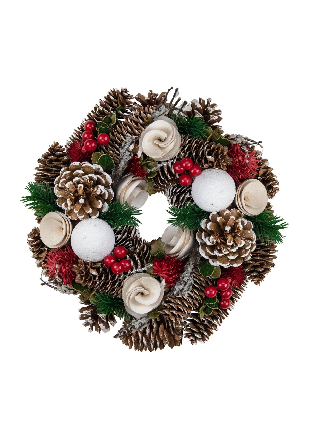 White Wooden Rose  Pine Cone and Berry Artificial Christmas Wreath  10-Inch  Unlit