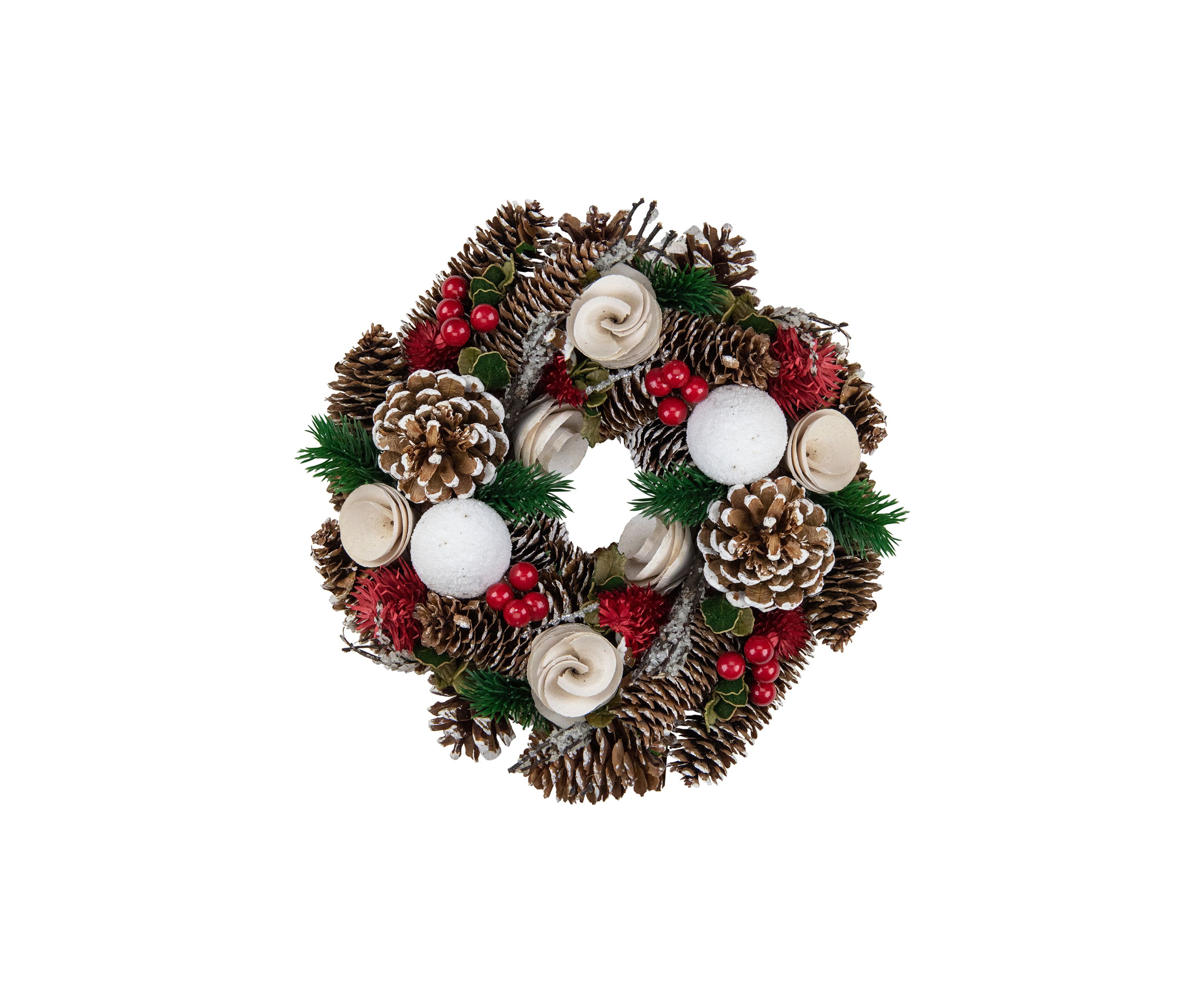 White Wooden Rose  Pine Cone and Berry Artificial Christmas Wreath  10-Inch  Unlit