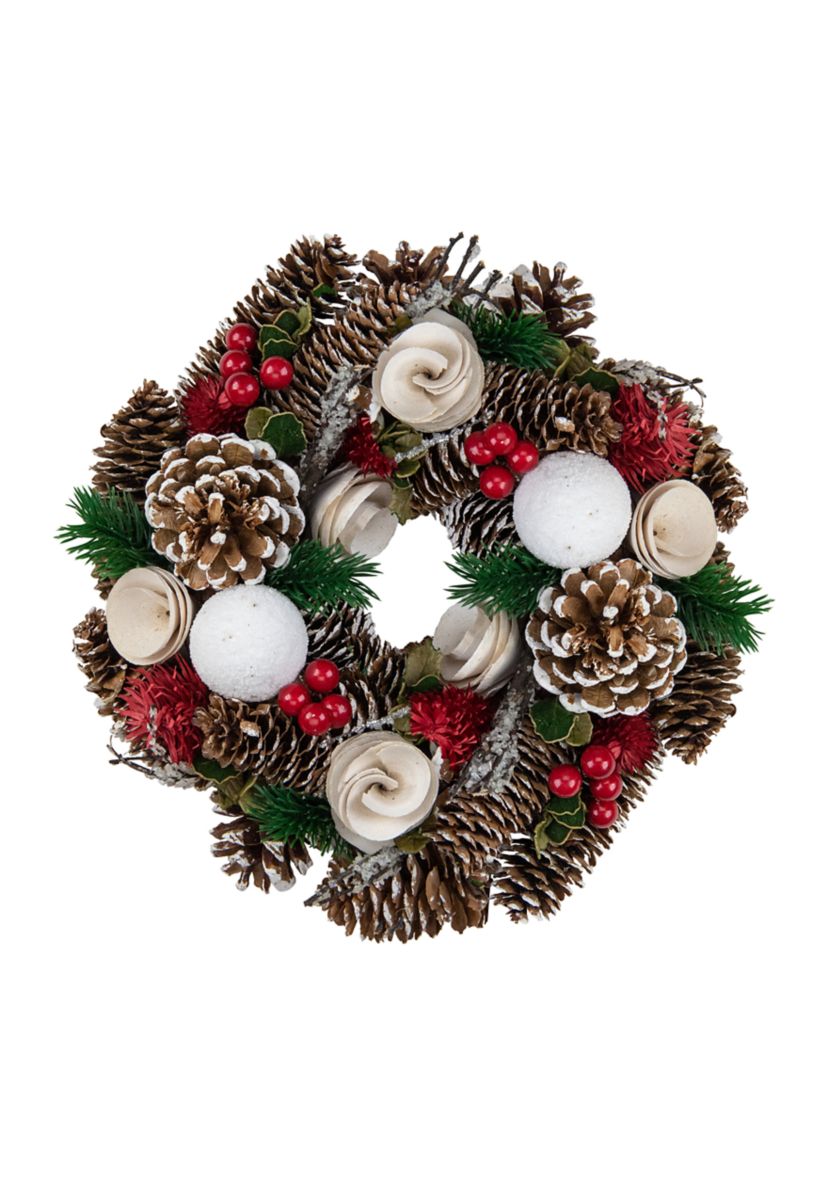White Wooden Rose  Pine Cone and Berry Artificial Christmas Wreath  10-Inch  Unlit