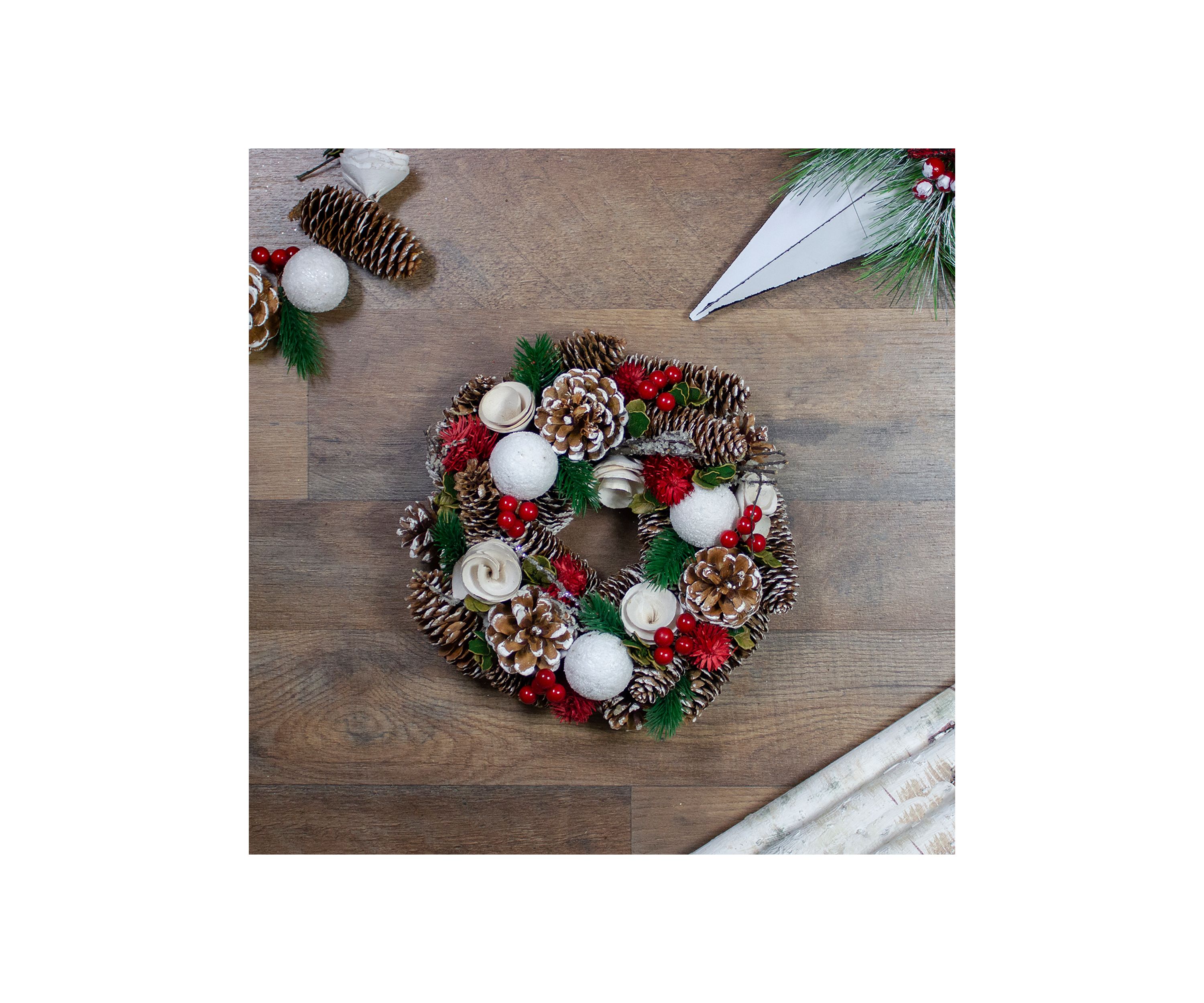 White Wooden Rose  Pine Cone and Berry Artificial Christmas Wreath  10-Inch  Unlit