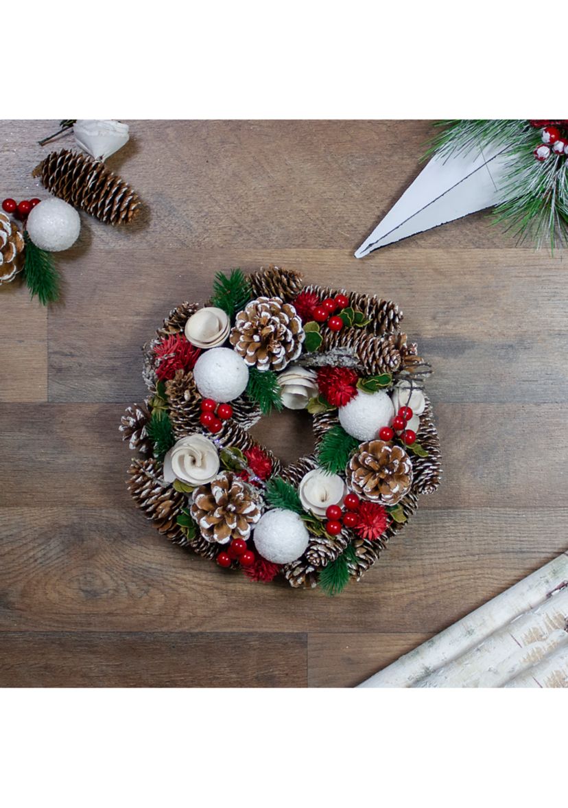 White Wooden Rose  Pine Cone and Berry Artificial Christmas Wreath  10-Inch  Unlit