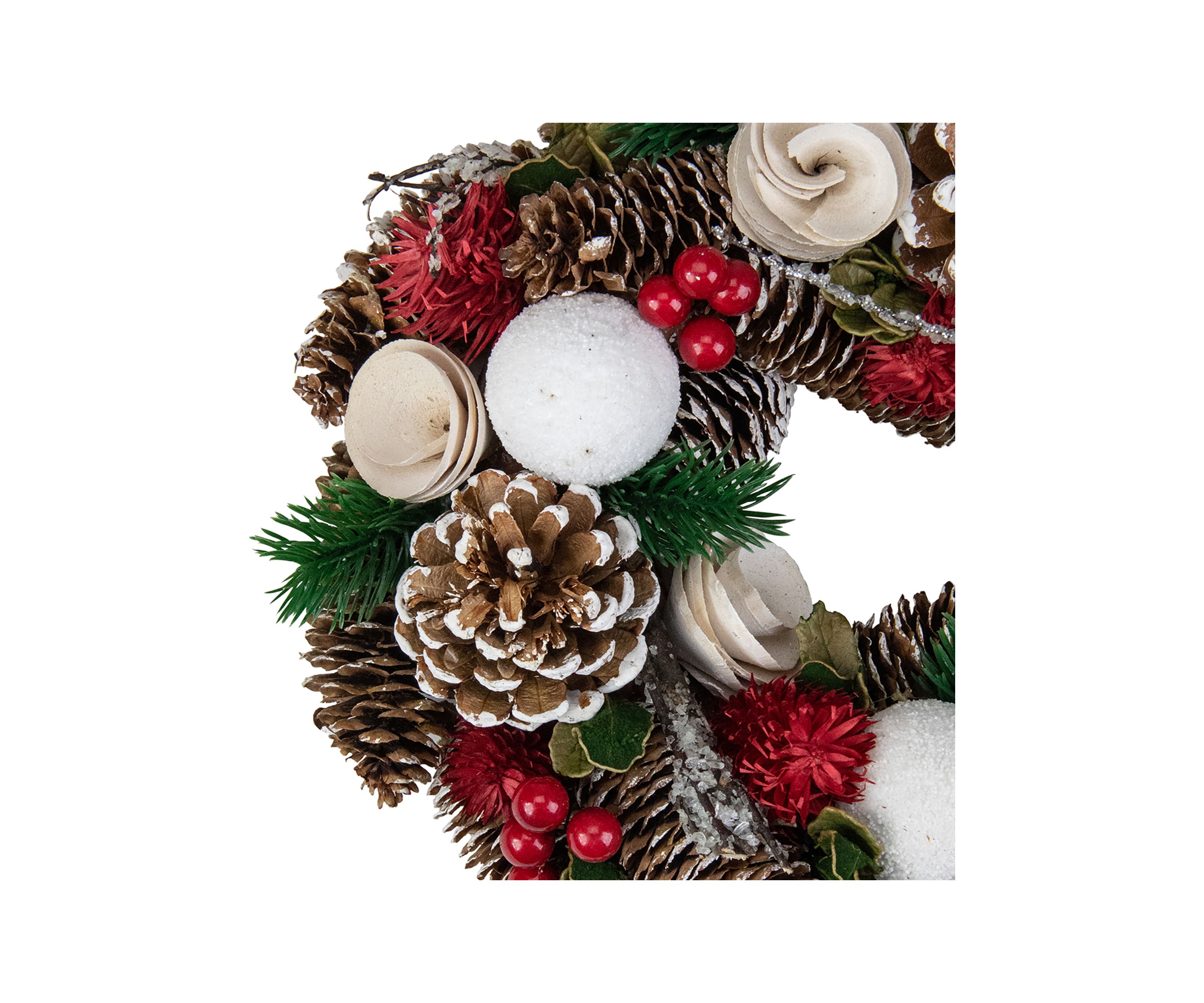 White Wooden Rose  Pine Cone and Berry Artificial Christmas Wreath  10-Inch  Unlit