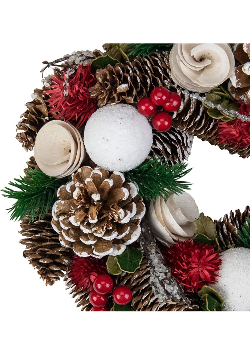 White Wooden Rose  Pine Cone and Berry Artificial Christmas Wreath  10-Inch  Unlit