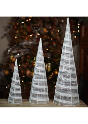 Set of 3 White and Silver Glittered Cone Tree Christmas Table Top Decoration 23.5Inch
