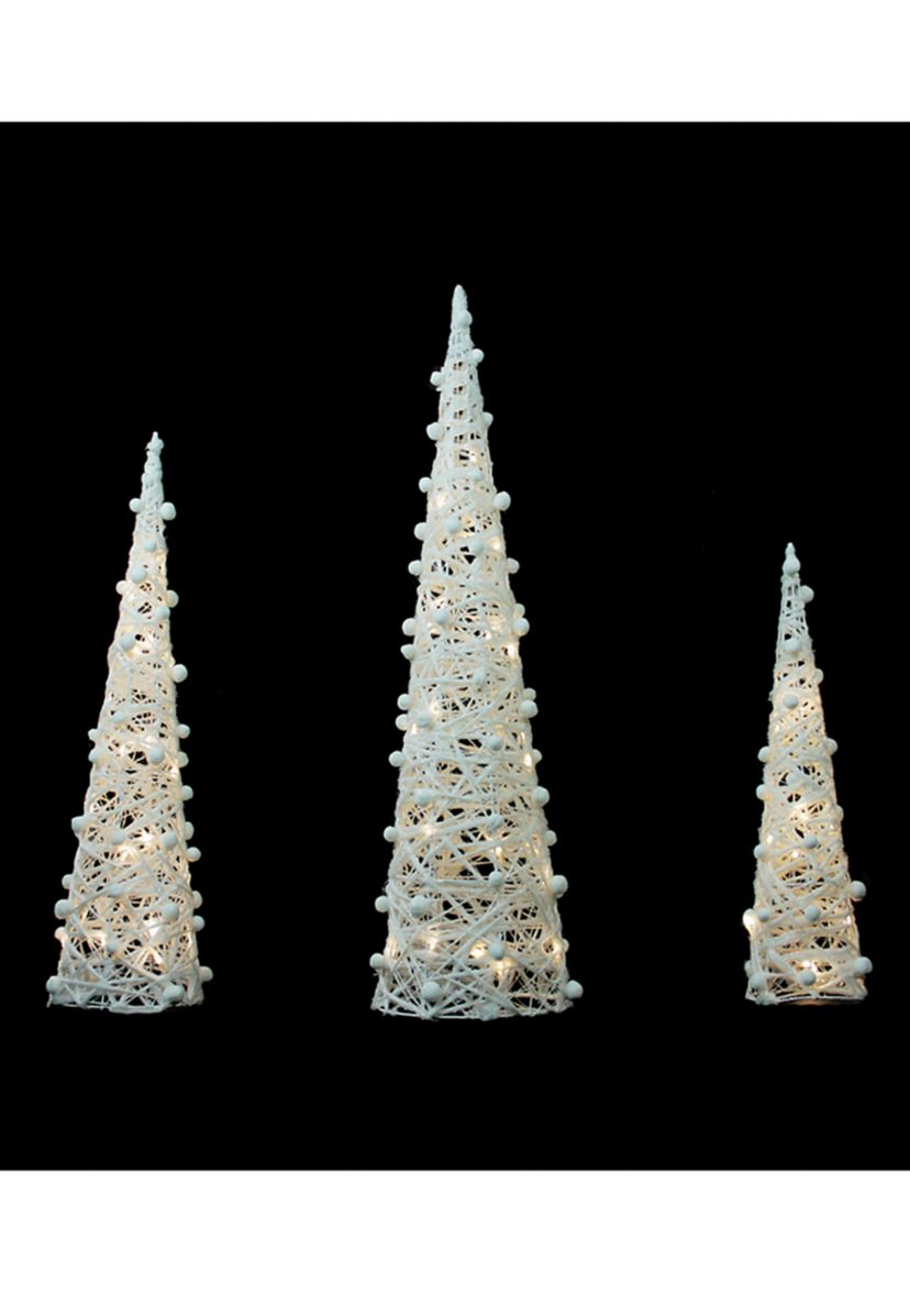 Set of 3 LED Lighted White and Silver Cone Tree Christmas Decoration 39.25Inch