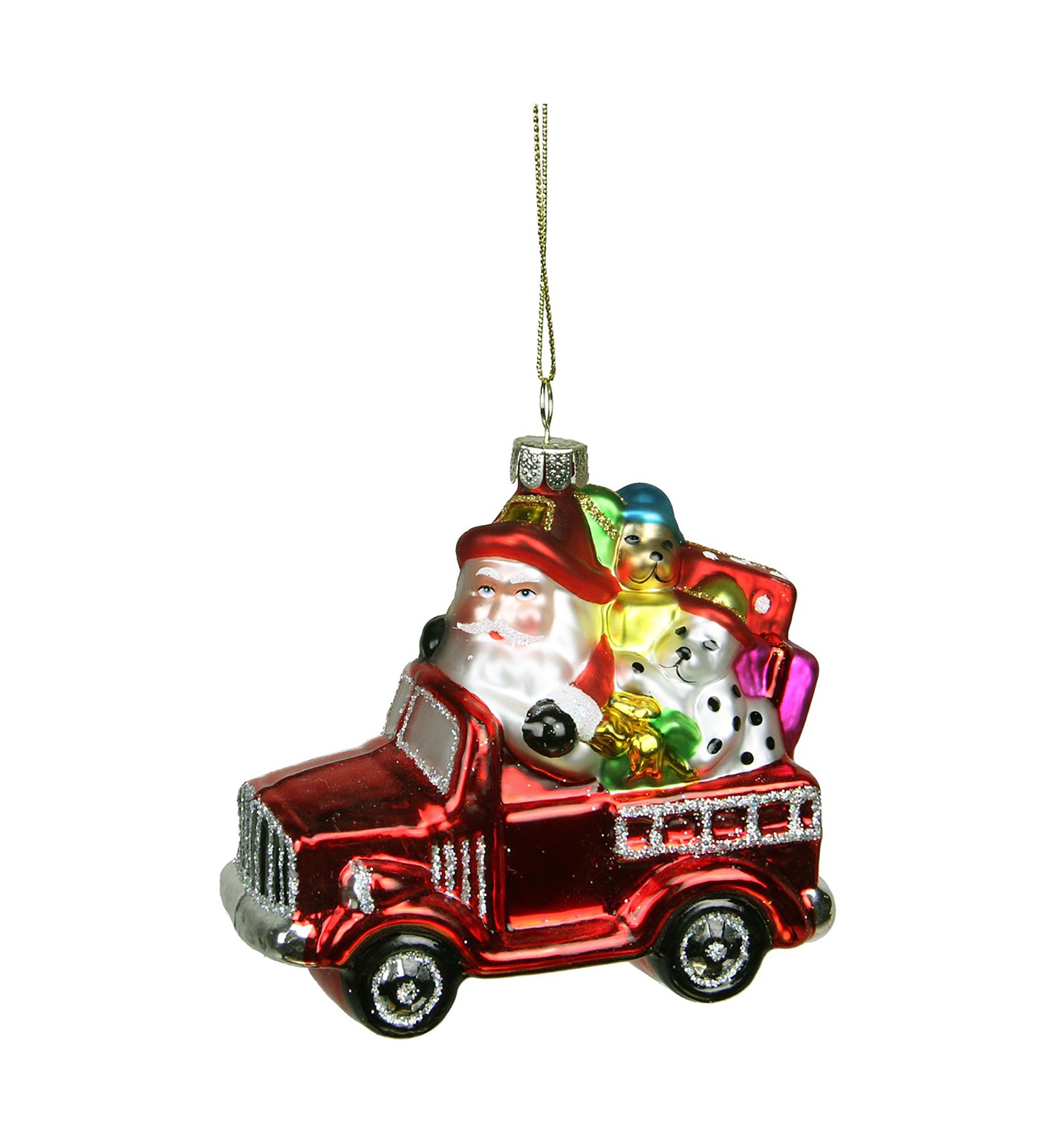 4Inch Red Fire Truck with Santa and Presents Glass Christmas Ornament
