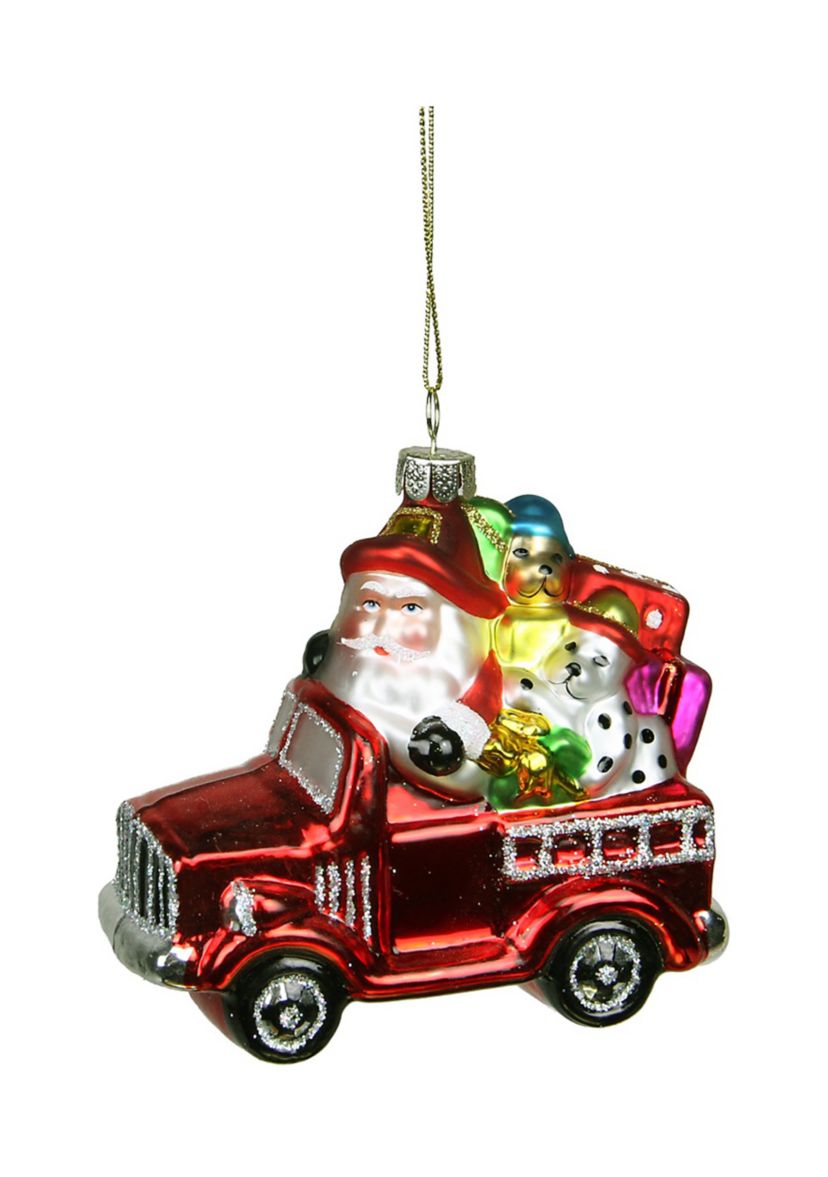 4Inch Red Fire Truck with Santa and Presents Glass Christmas Ornament