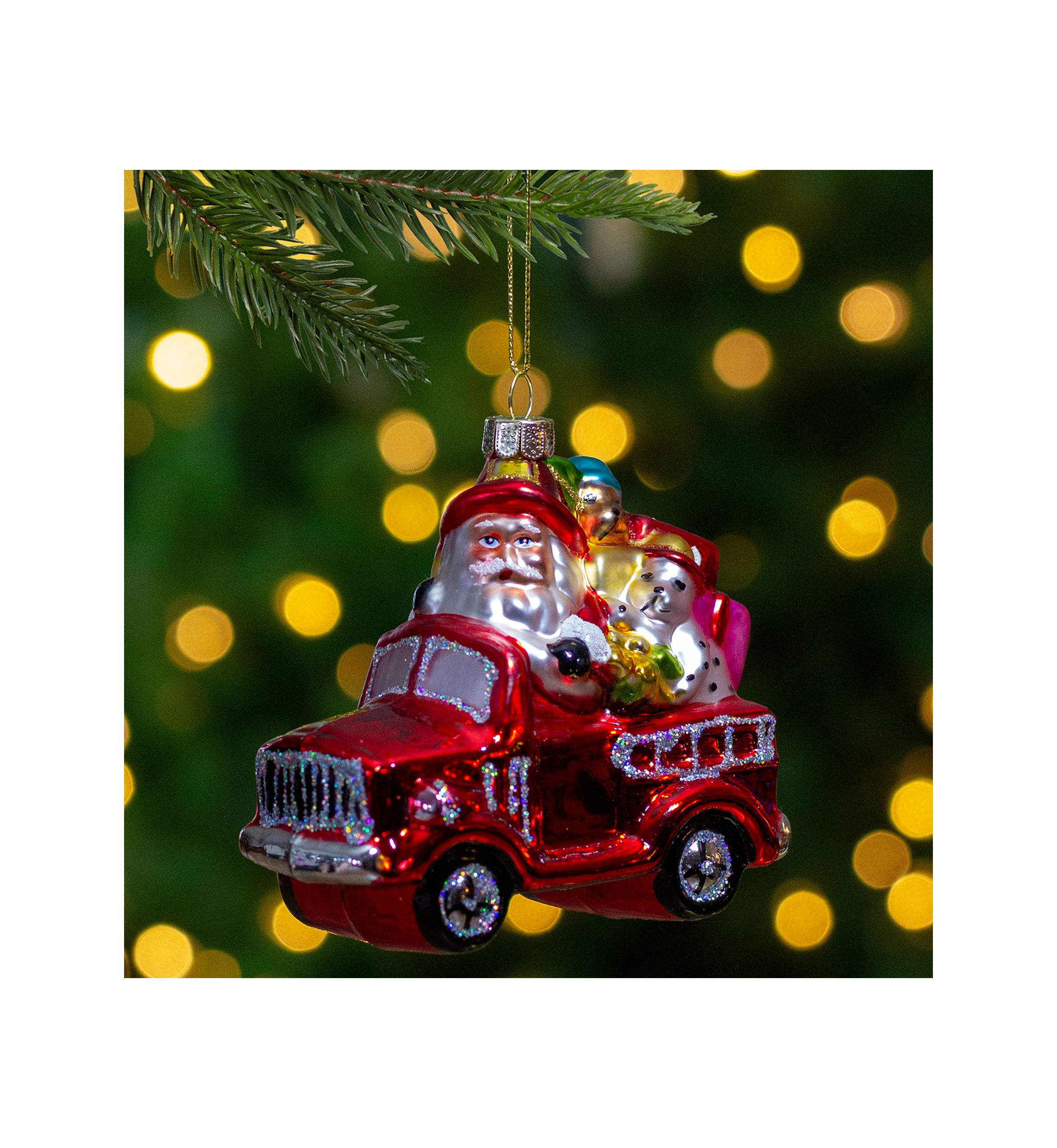 4Inch Red Fire Truck with Santa and Presents Glass Christmas Ornament