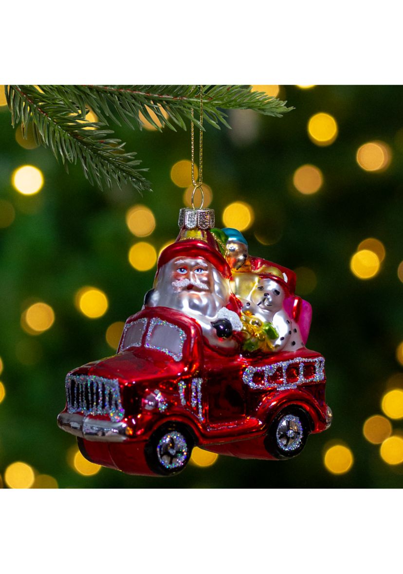 4Inch Red Fire Truck with Santa and Presents Glass Christmas Ornament
