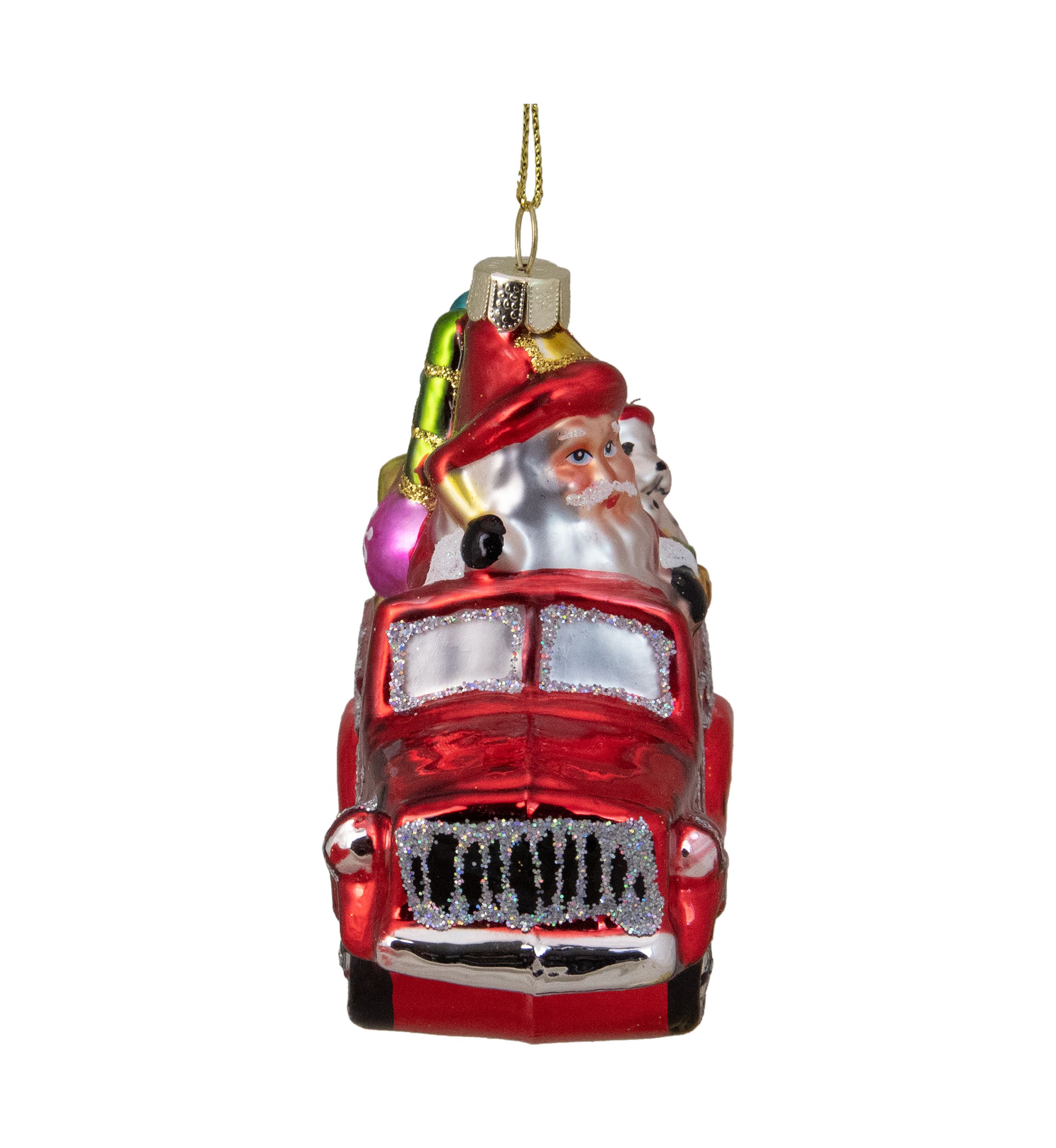 4Inch Red Fire Truck with Santa and Presents Glass Christmas Ornament