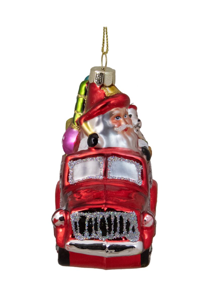 4Inch Red Fire Truck with Santa and Presents Glass Christmas Ornament