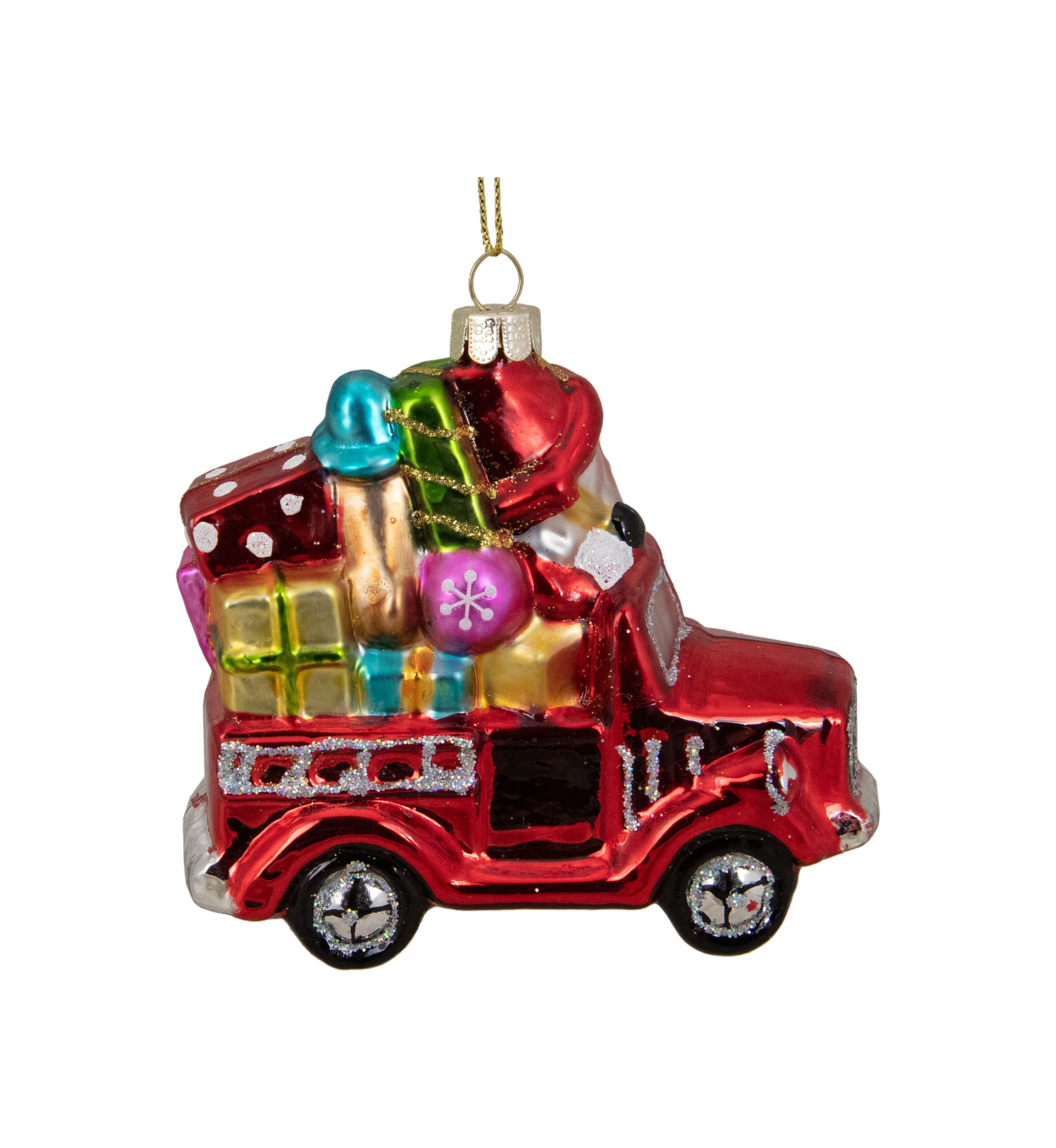 4Inch Red Fire Truck with Santa and Presents Glass Christmas Ornament