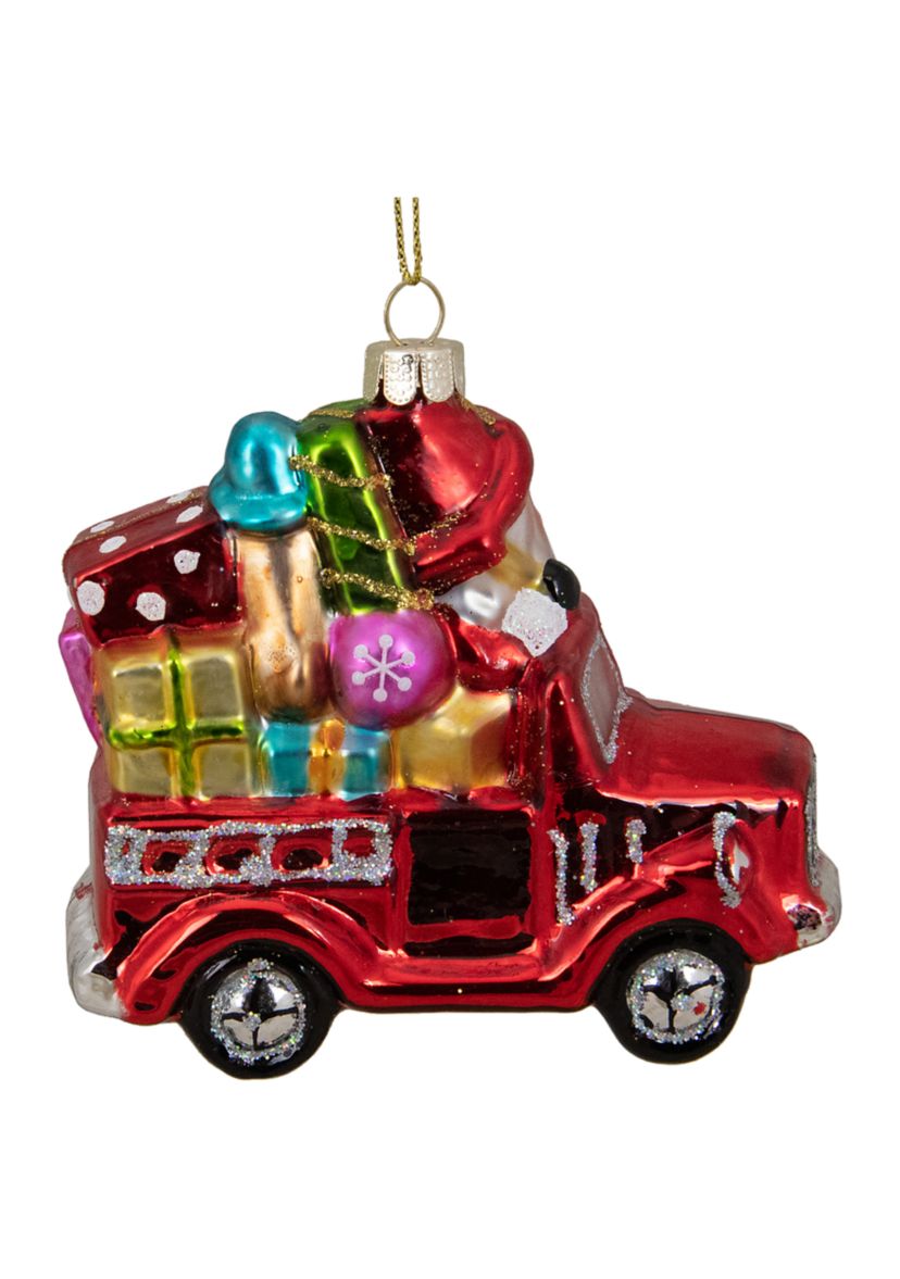 4Inch Red Fire Truck with Santa and Presents Glass Christmas Ornament