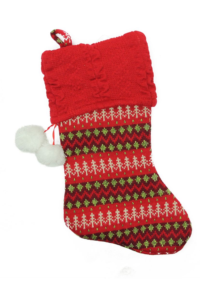 19Inch Red and Green Sweater Knit Christmas Stocking with Pom Poms