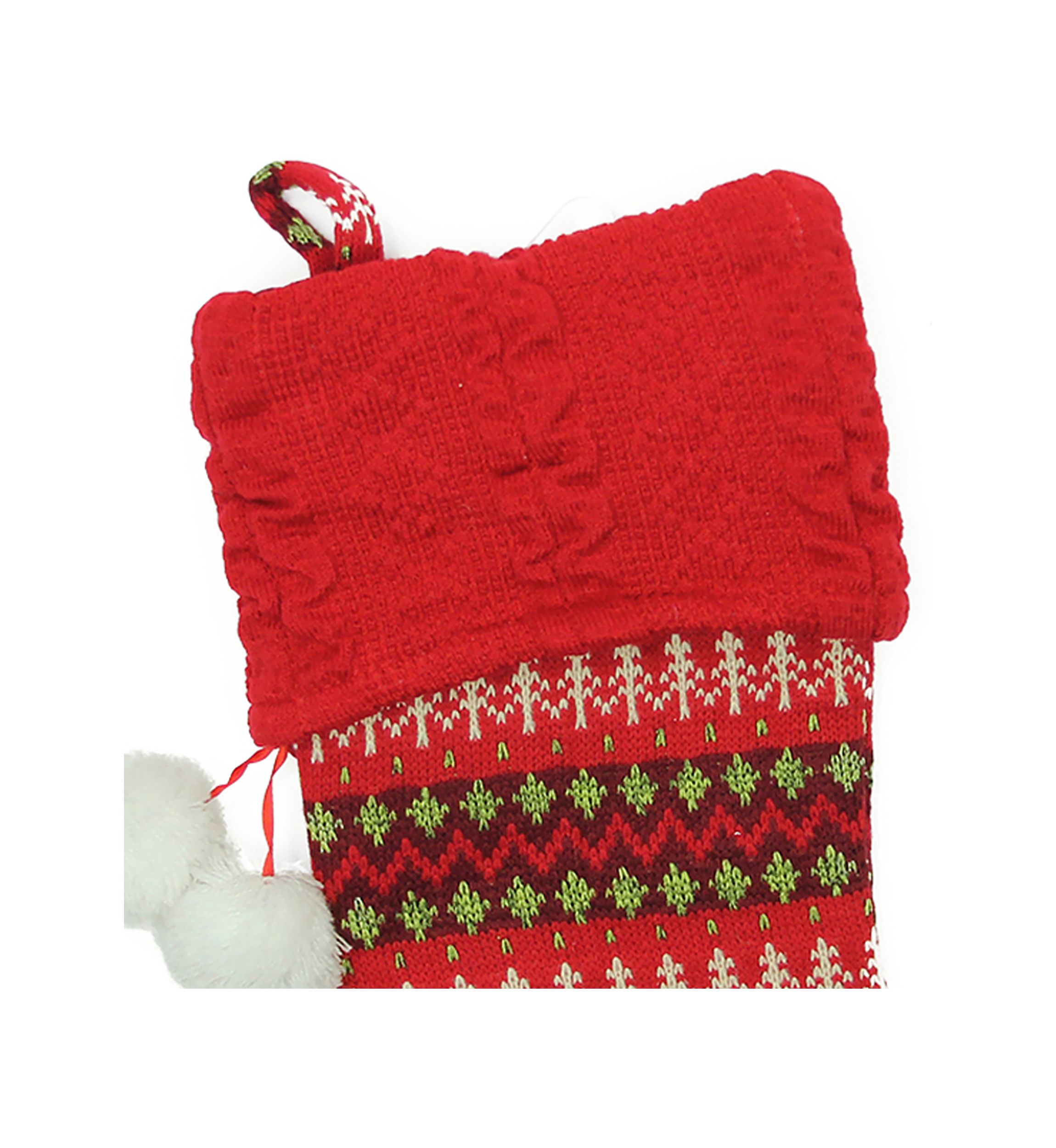 19Inch Red and Green Sweater Knit Christmas Stocking with Pom Poms