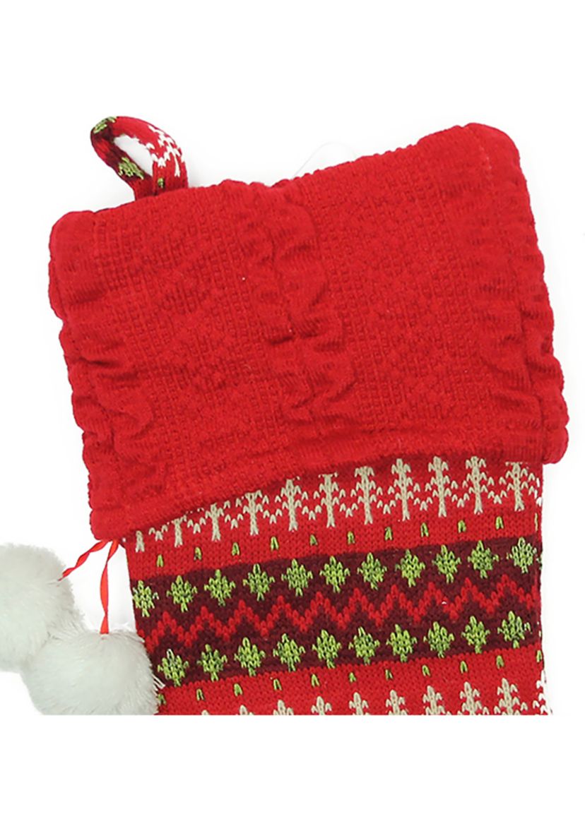 19Inch Red and Green Sweater Knit Christmas Stocking with Pom Poms
