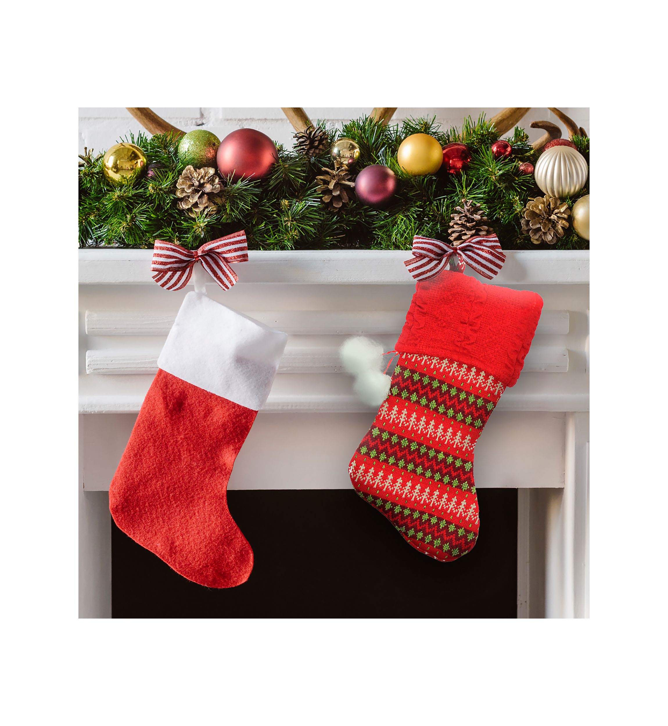 19Inch Red and Green Sweater Knit Christmas Stocking with Pom Poms