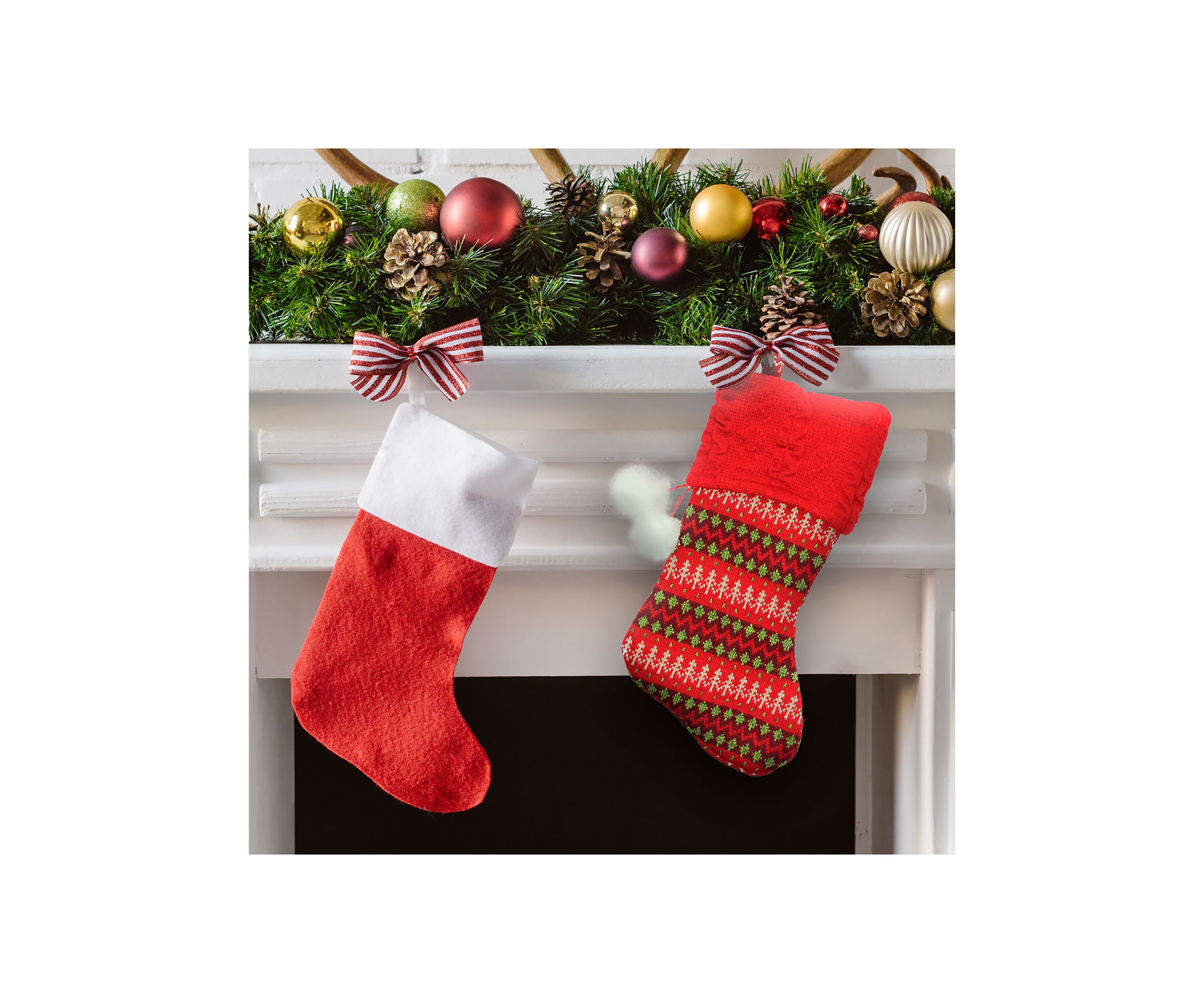 19Inch Red and Green Sweater Knit Christmas Stocking with Pom Poms