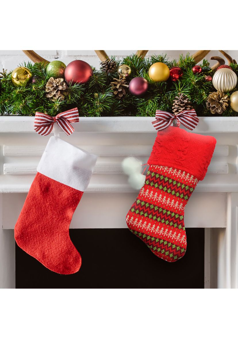 19Inch Red and Green Sweater Knit Christmas Stocking with Pom Poms