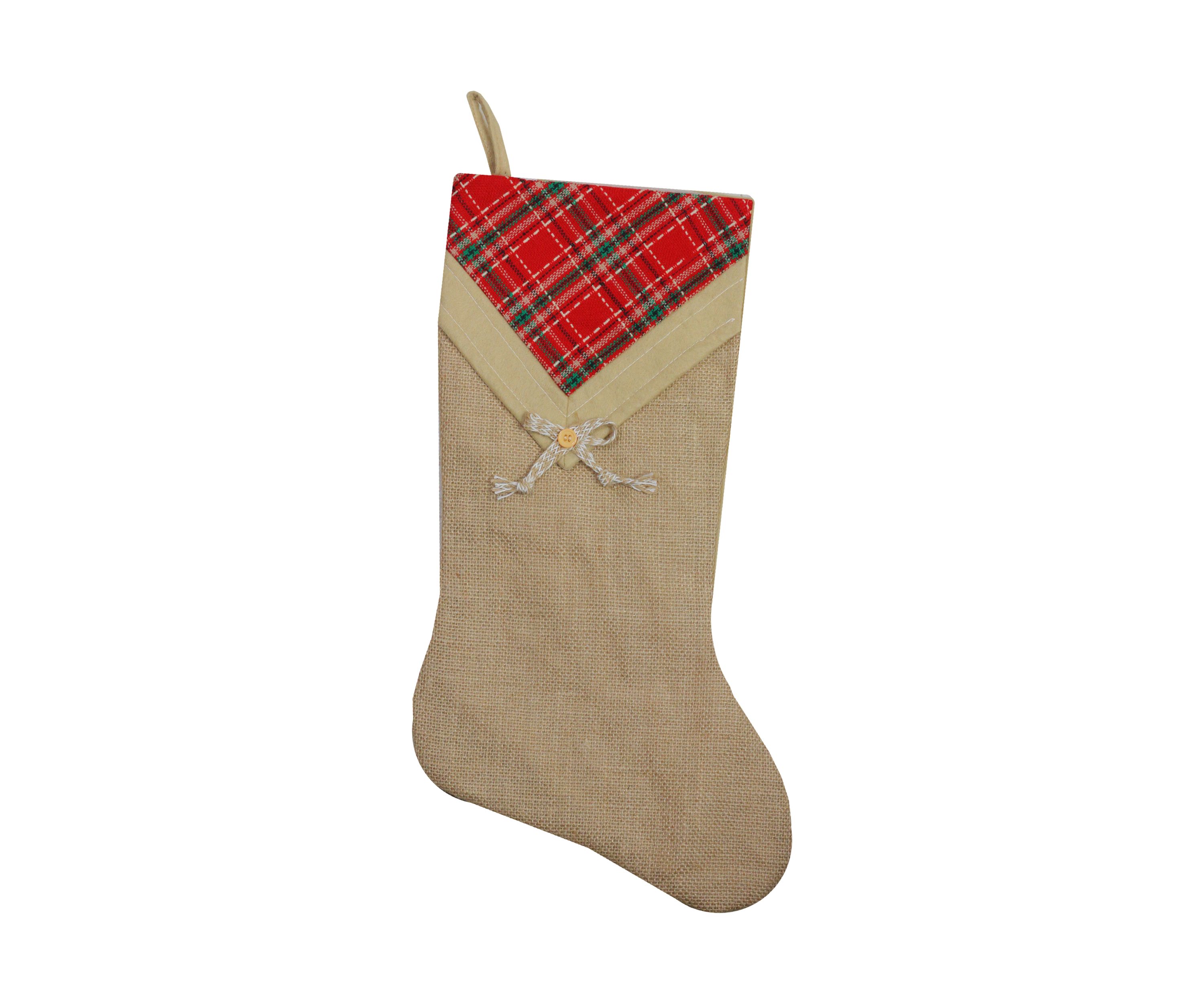 20.5Inch Beige and Red Plaid V-Cuff Christmas Stocking