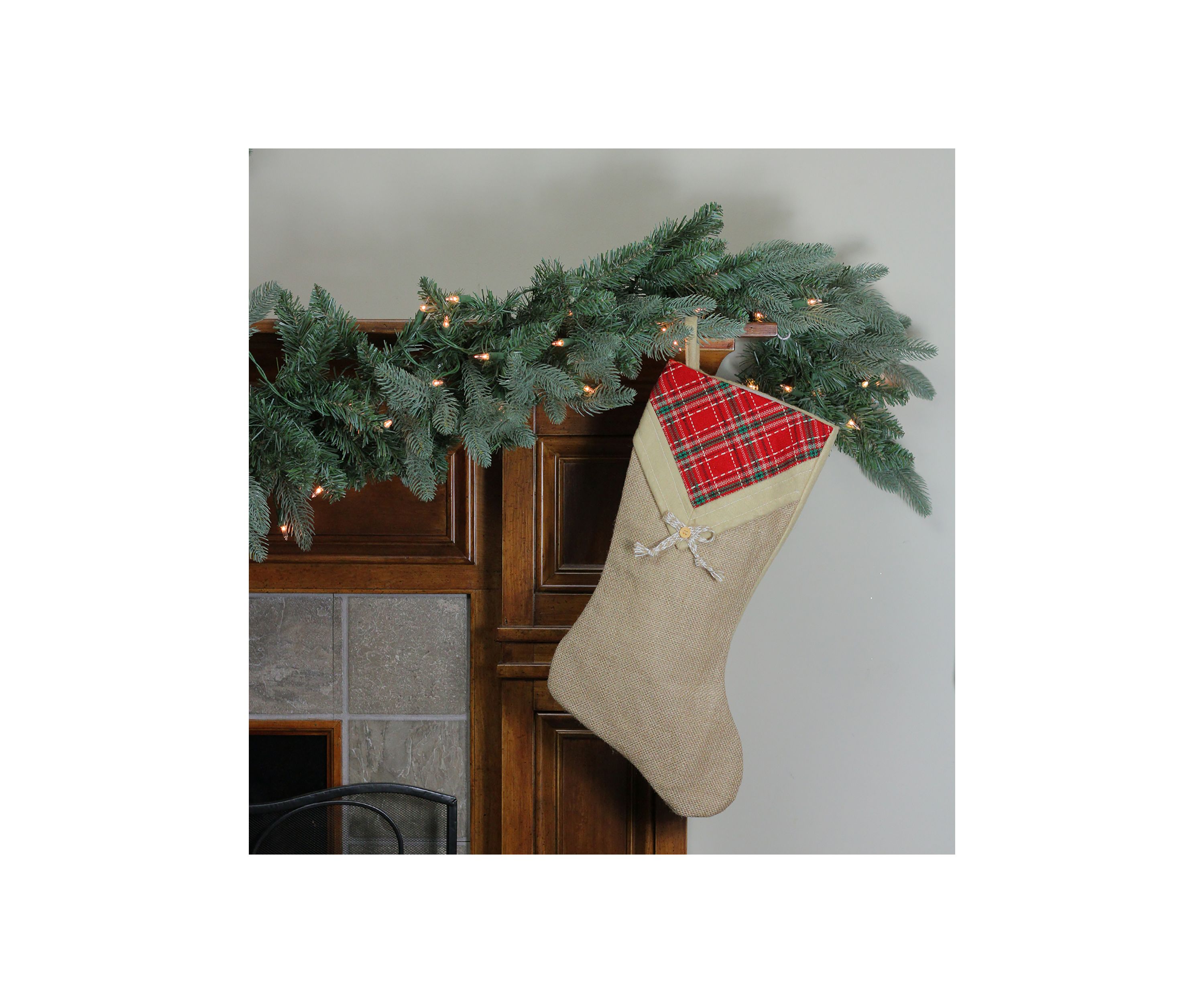 20.5Inch Beige and Red Plaid V-Cuff Christmas Stocking
