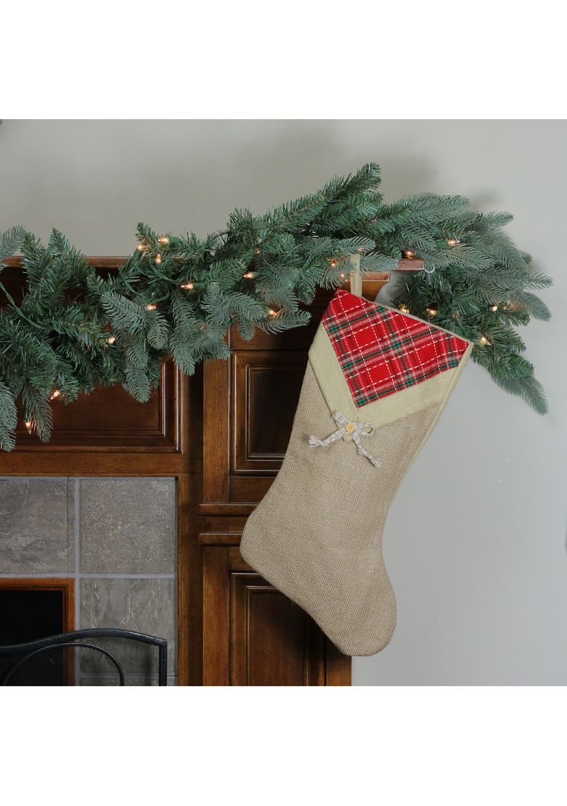 20.5Inch Beige and Red Plaid V-Cuff Christmas Stocking