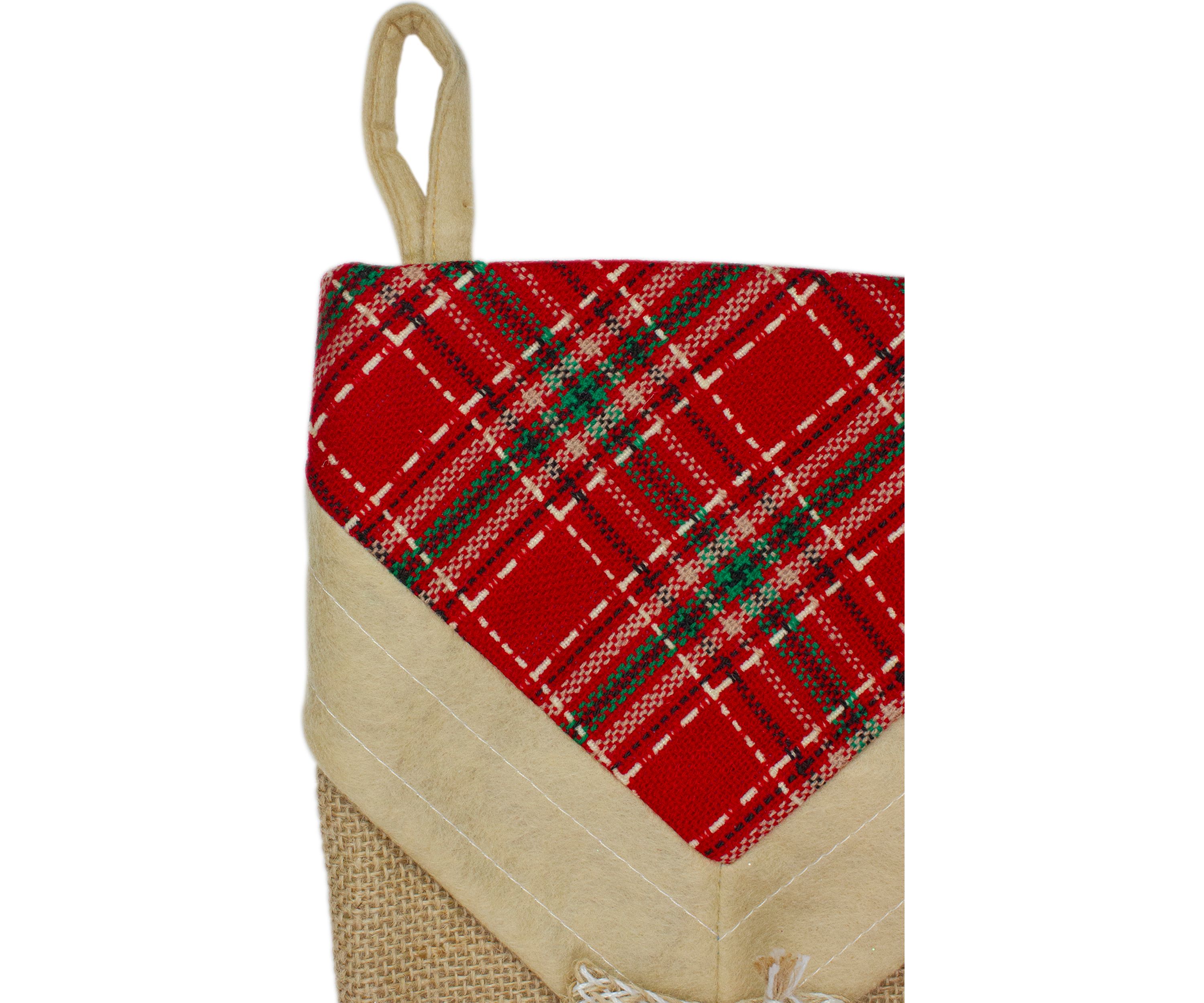 20.5Inch Beige and Red Plaid V-Cuff Christmas Stocking