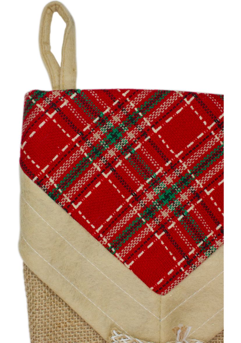 20.5Inch Beige and Red Plaid V-Cuff Christmas Stocking