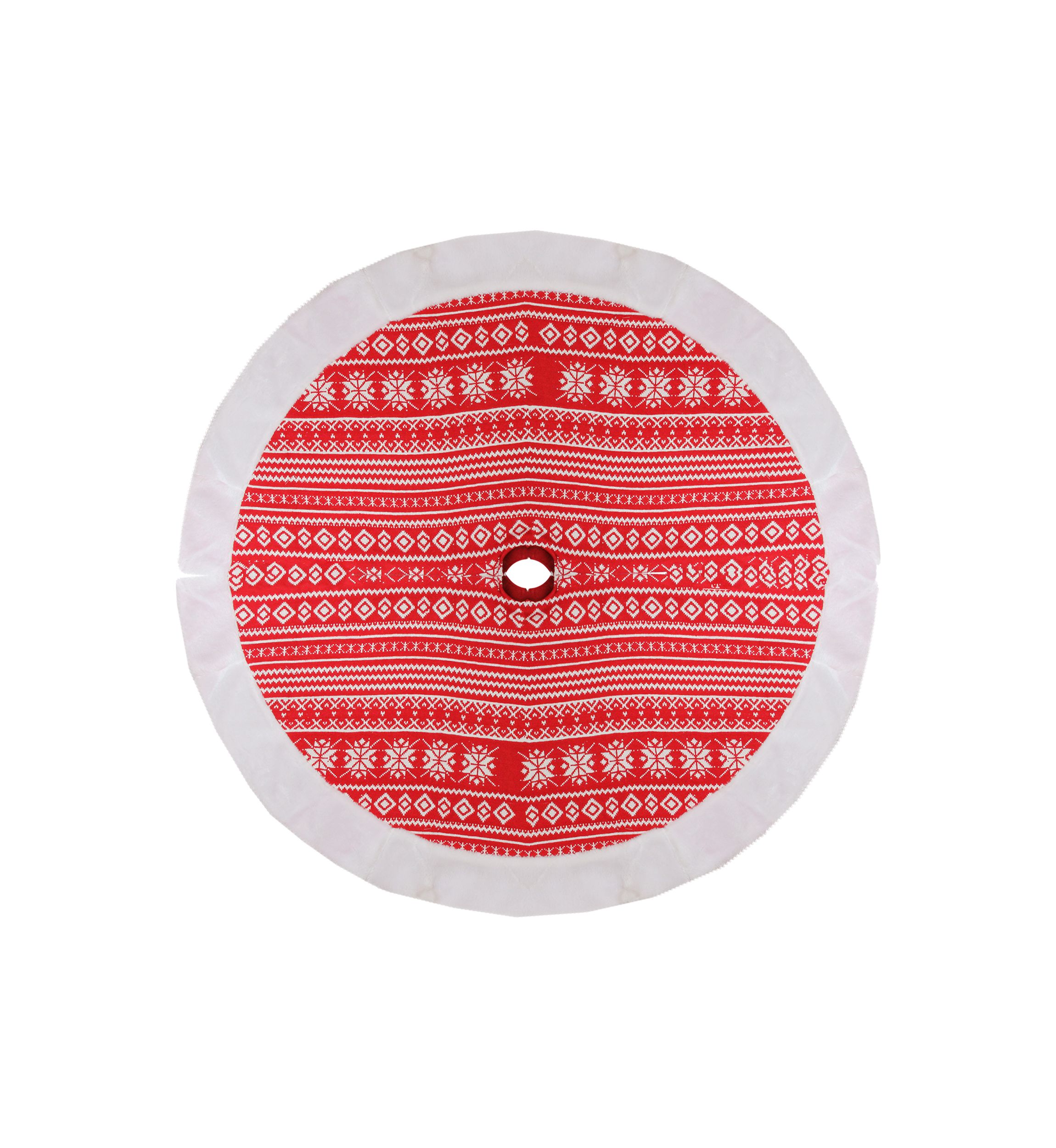 48" Red and White Knitted Snowflake Christmas Tree Skirt with Faux Fur Trim