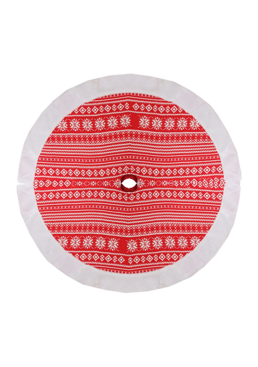 48" Red and White Knitted Snowflake Christmas Tree Skirt with Faux Fur Trim