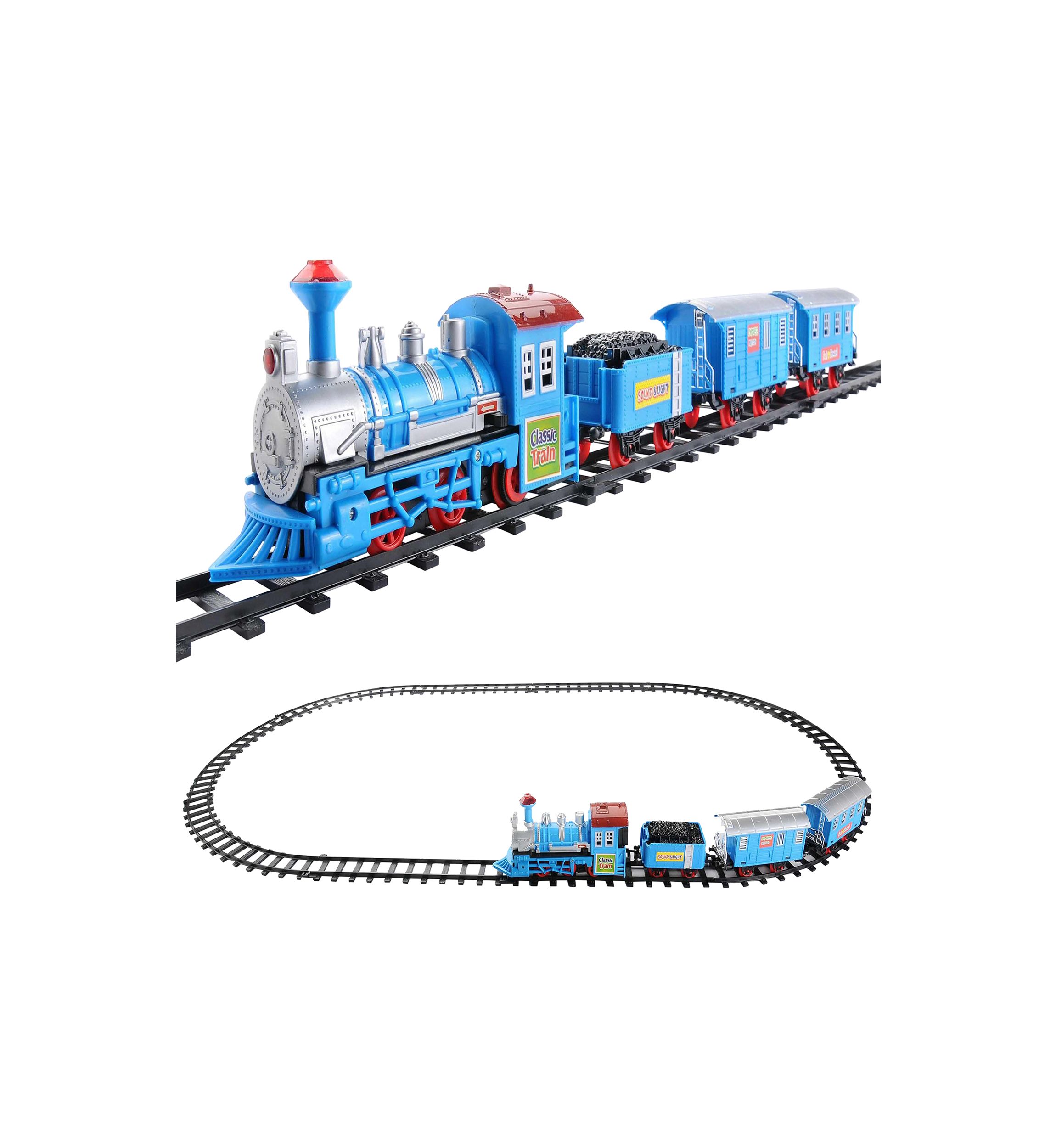 14-Piece Blue Lighted and Animated Classic Cartoon Train Set with Sound