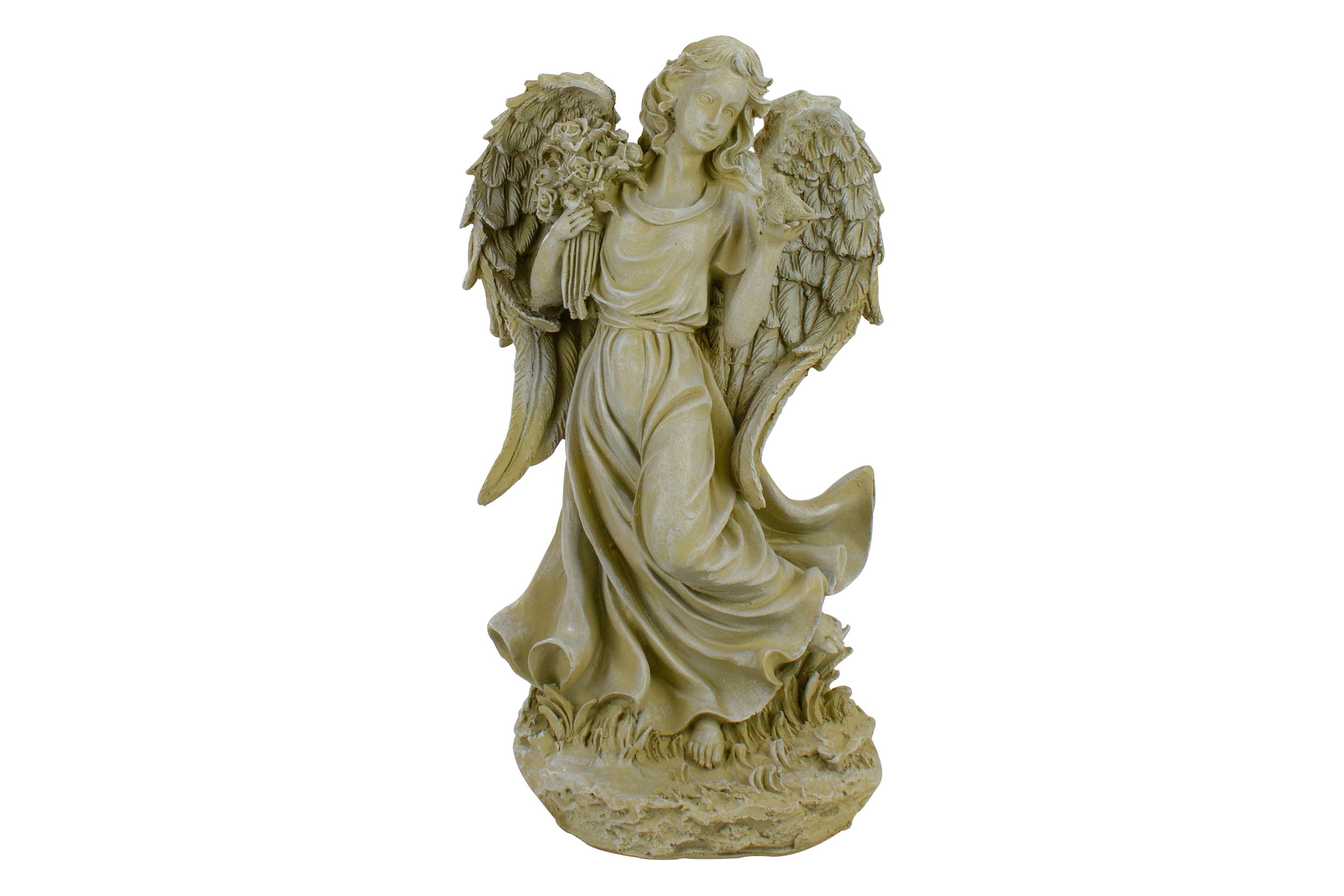 17.5" Ivory Angel with Bird and Bouquet Outdoor Patio Garden Statue