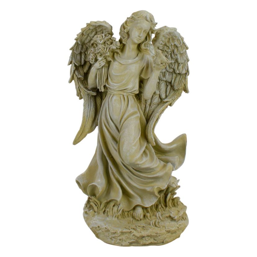17.5" Ivory Angel with Bird and Bouquet Outdoor Patio Garden Statue
