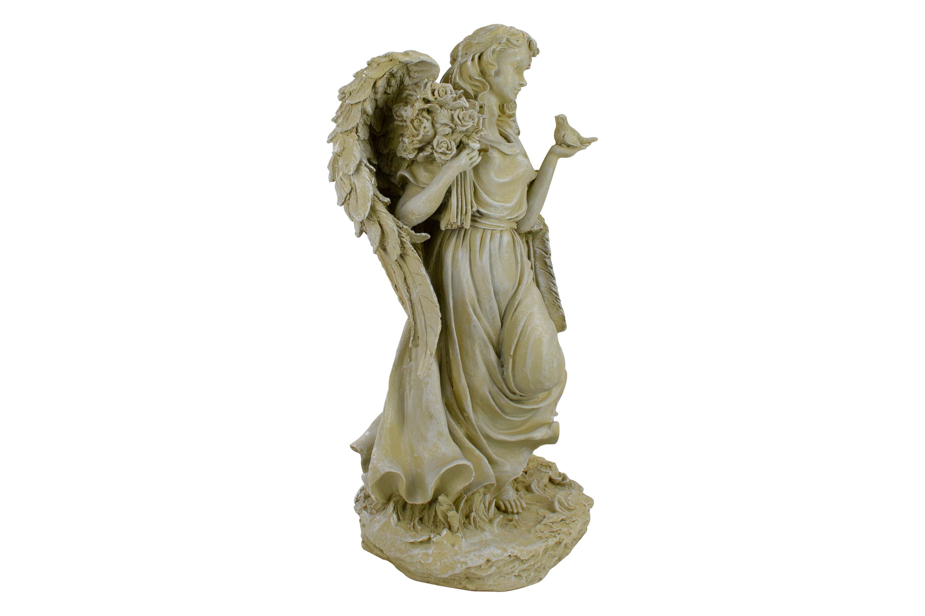 17.5" Ivory Angel with Bird and Bouquet Outdoor Patio Garden Statue