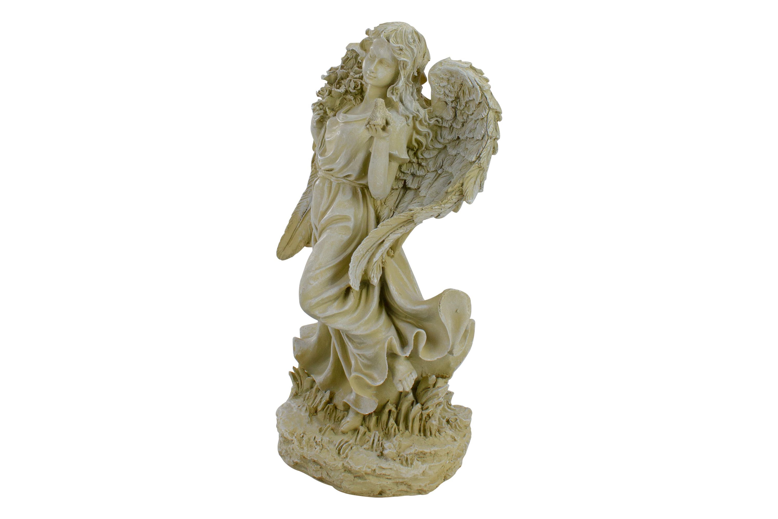 17.5" Ivory Angel with Bird and Bouquet Outdoor Patio Garden Statue