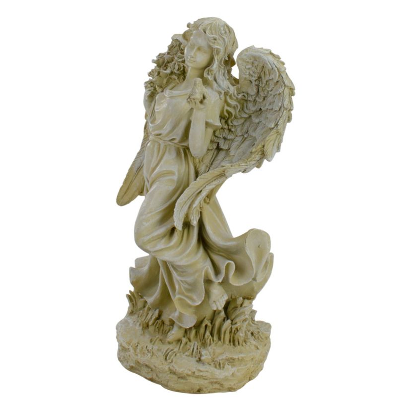 17.5" Ivory Angel with Bird and Bouquet Outdoor Patio Garden Statue