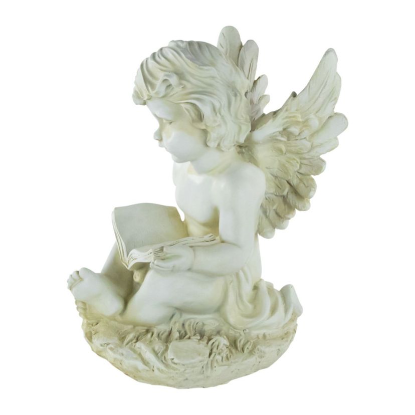 11.5" Ivory Sitting Cherub Angel with Book Outdoor Patio Garden Statue