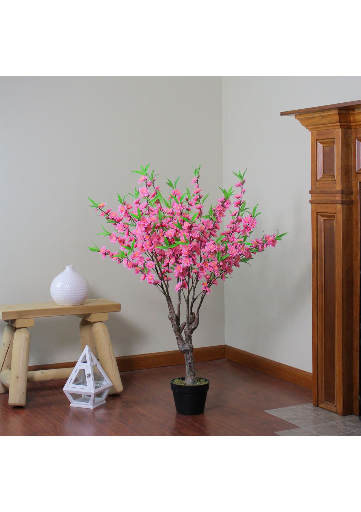 43.5Inch Potted Pink and Green Floral Peach Blossom Artificial Christmas Tree - Unlit