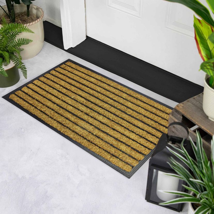Black and Brown Striped Non-Skid Outdoor Rectangular Doormat 17.75" x 29.5"
