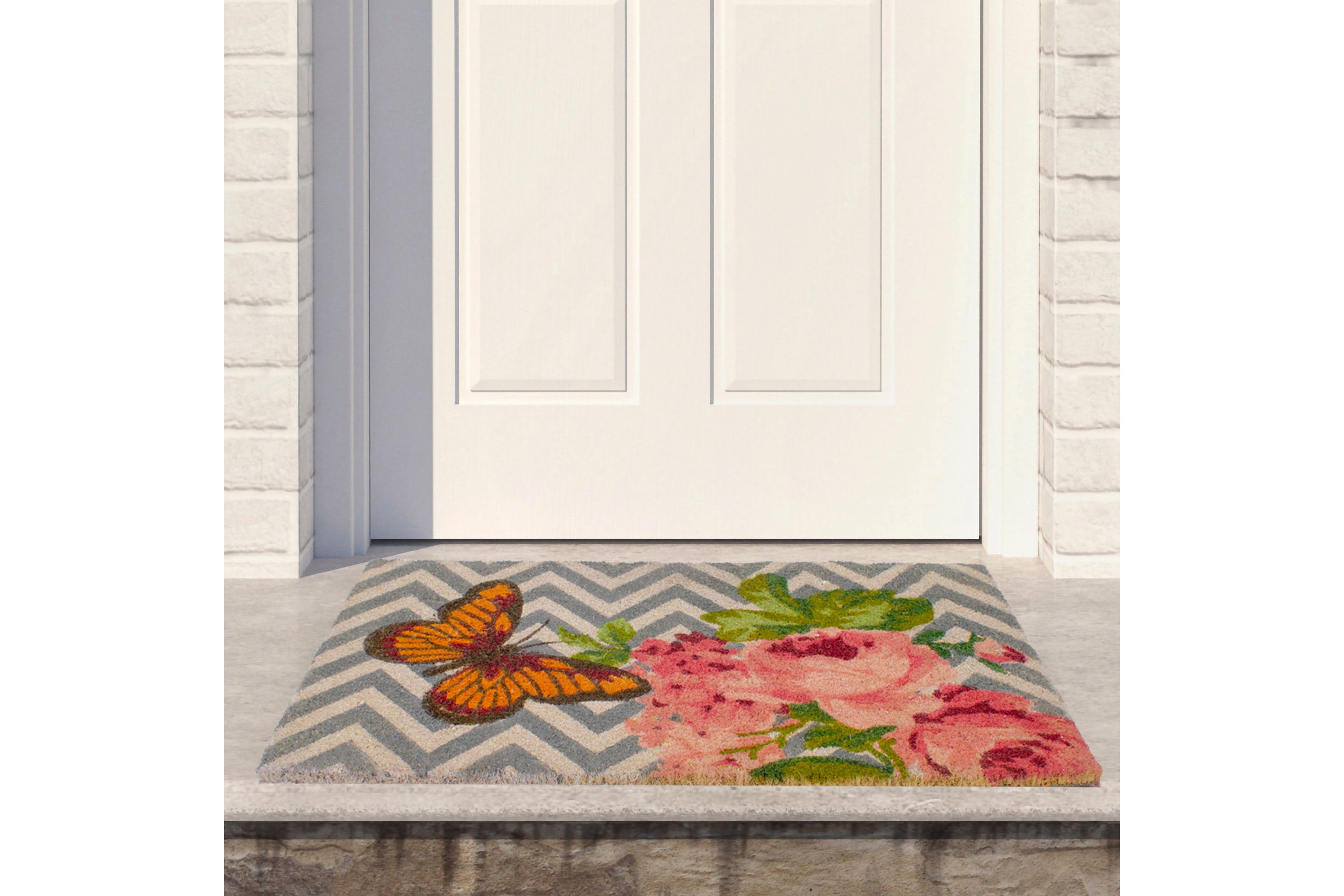 Coir Rose with a Butterfly Chevron Spring Door Mat 18" x 30"